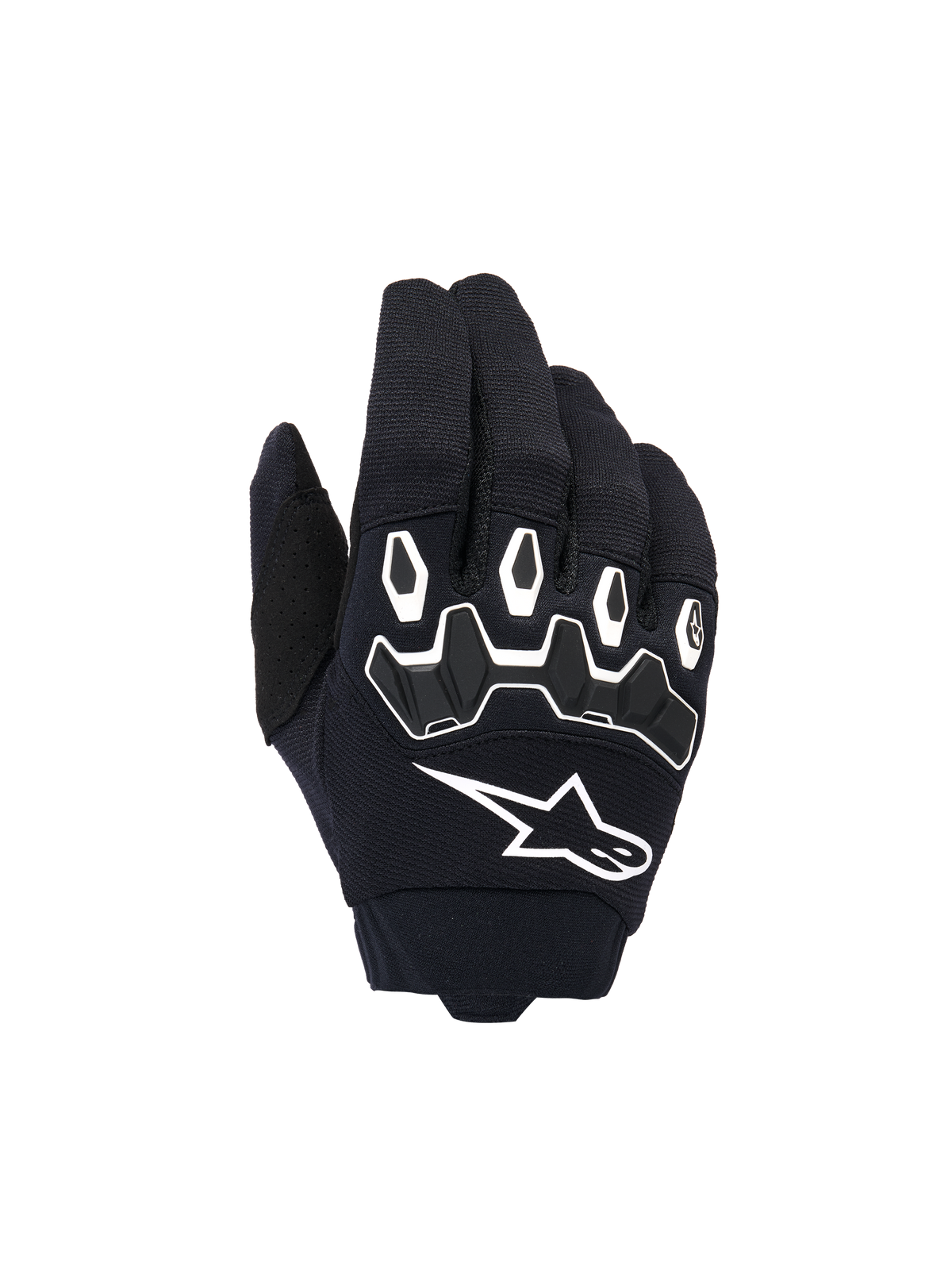 Alpinestars Youth & Kids Full Bore V2 Gloves, guanti da motocross, nero e bianco, con protezione ergonomica delle nocche in TPR con profili bianchi, grande logo Alpinestars bianco, struttura in tessuto traspirante per corse fuoristrada