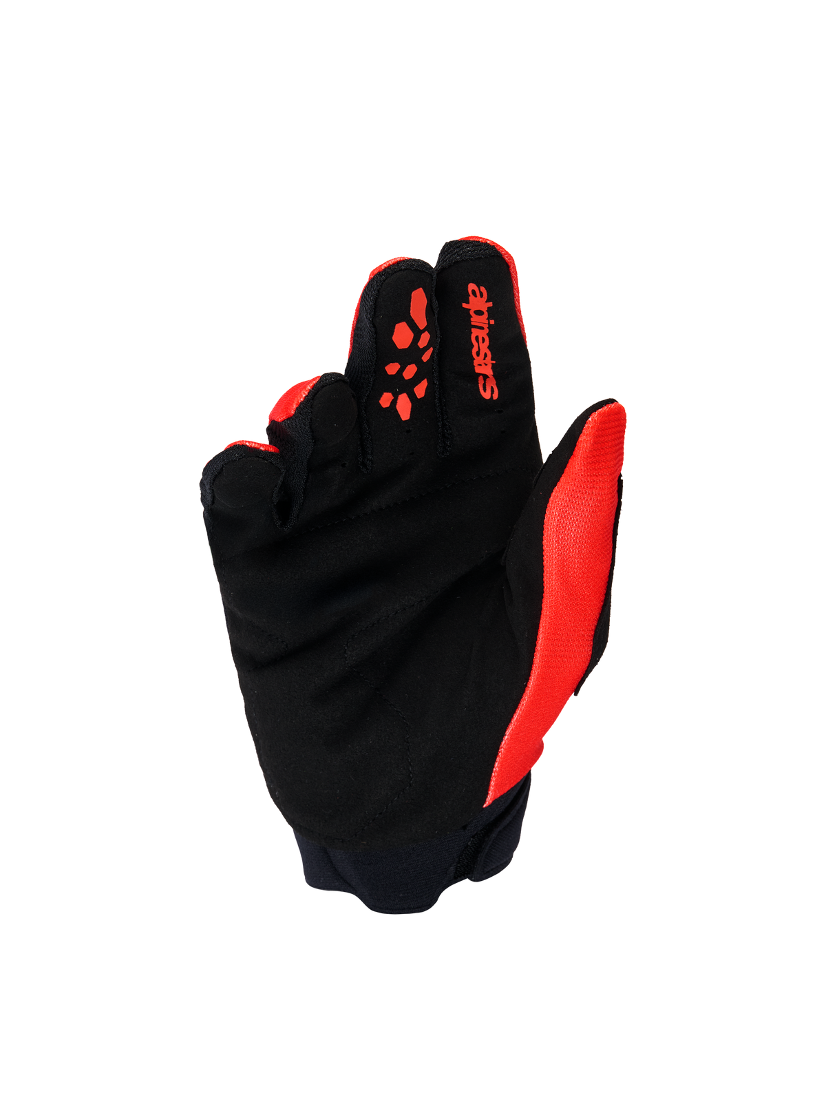 Guanti Alpinestars Youth & Kids Full Bore V2, guanti da motocross, rosso acceso e nero, vista del palmo con pelle scamosciata sintetica nera rinforzata e inserti in silicone rosso sulle dita, equipaggiamento da fuoristrada resistente per giovani piloti.