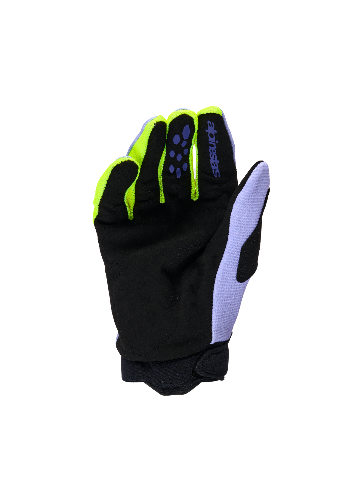 Alpinestars Guanti Youth & Kids Full Bore V2, guanti da motocross, Viola Giallo Fluo, vista del palmo in pelle scamosciata sintetica rinforzata nera, dettagli delle dita in giallo neon e pannello del pollice color lavanda, costruzione resistente per giovani piloti off-road
