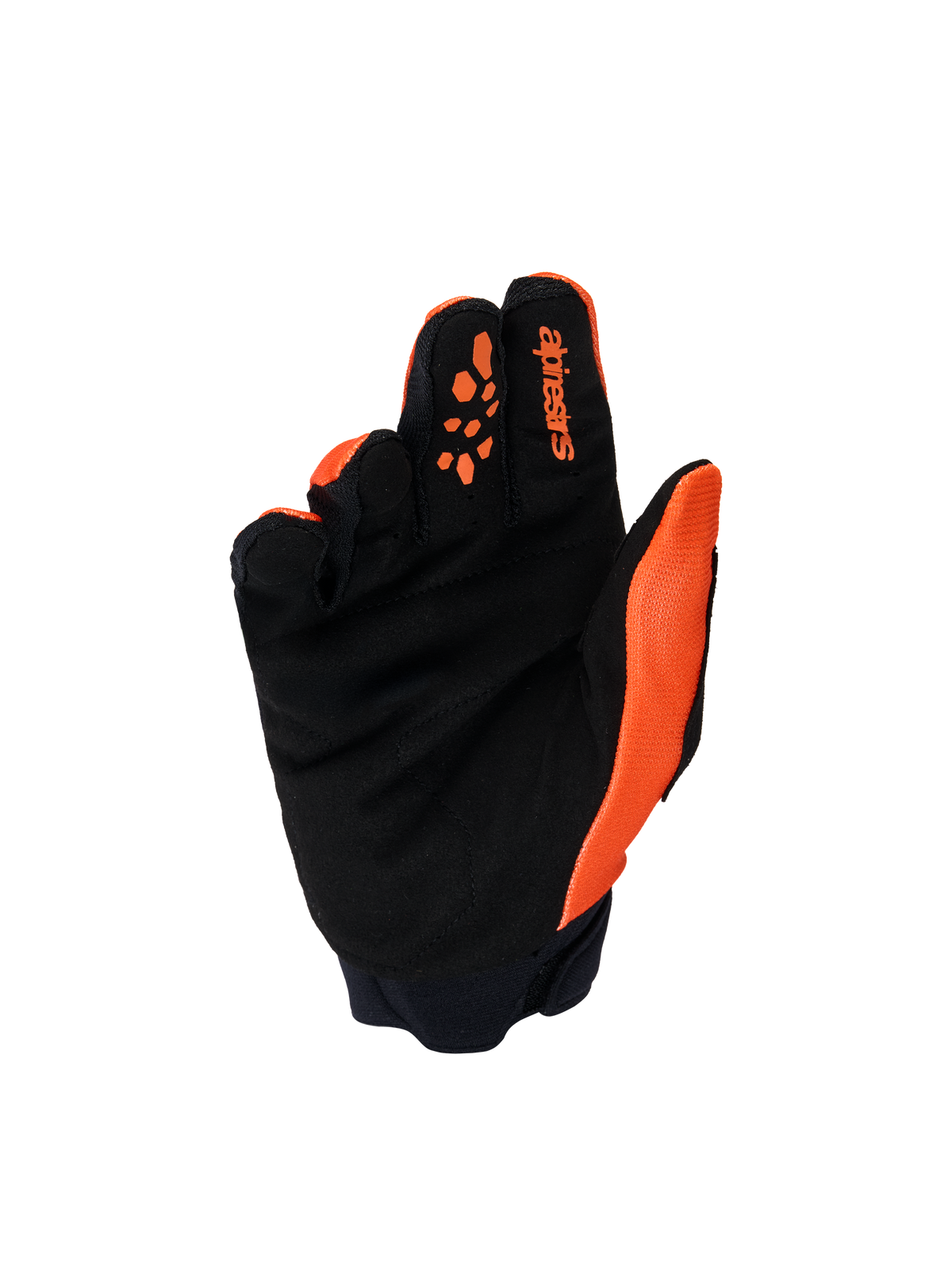 Guanti Alpinestars Youth & Kids Full Bore V2, guanti da motocross, arancione e nero, vista del palmo con pelle scamosciata sintetica rinforzata, stampe in silicone sulle dita per il controllo delle leve e marchio Alpinestars sull'indice.