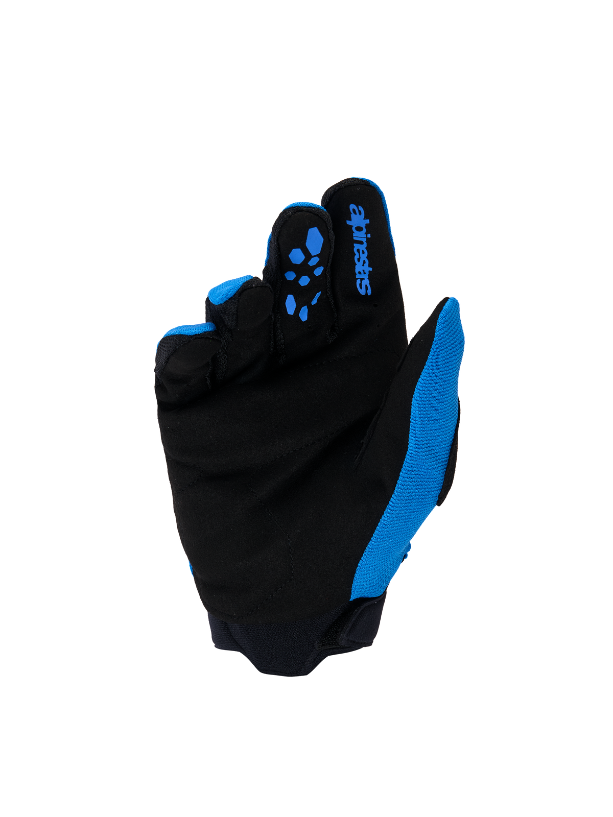 Guanti Alpinestars Youth & Kids Full Bore V2, guanti da motocross, blu UCLA e nero, vista del palmo con pelle scamosciata sintetica nera rinforzata e motivi grip in silicone blu sulle dita, logo Alpinestars blu sull'indice, abbigliamento off-road ad alte prestazioni per giovani piloti