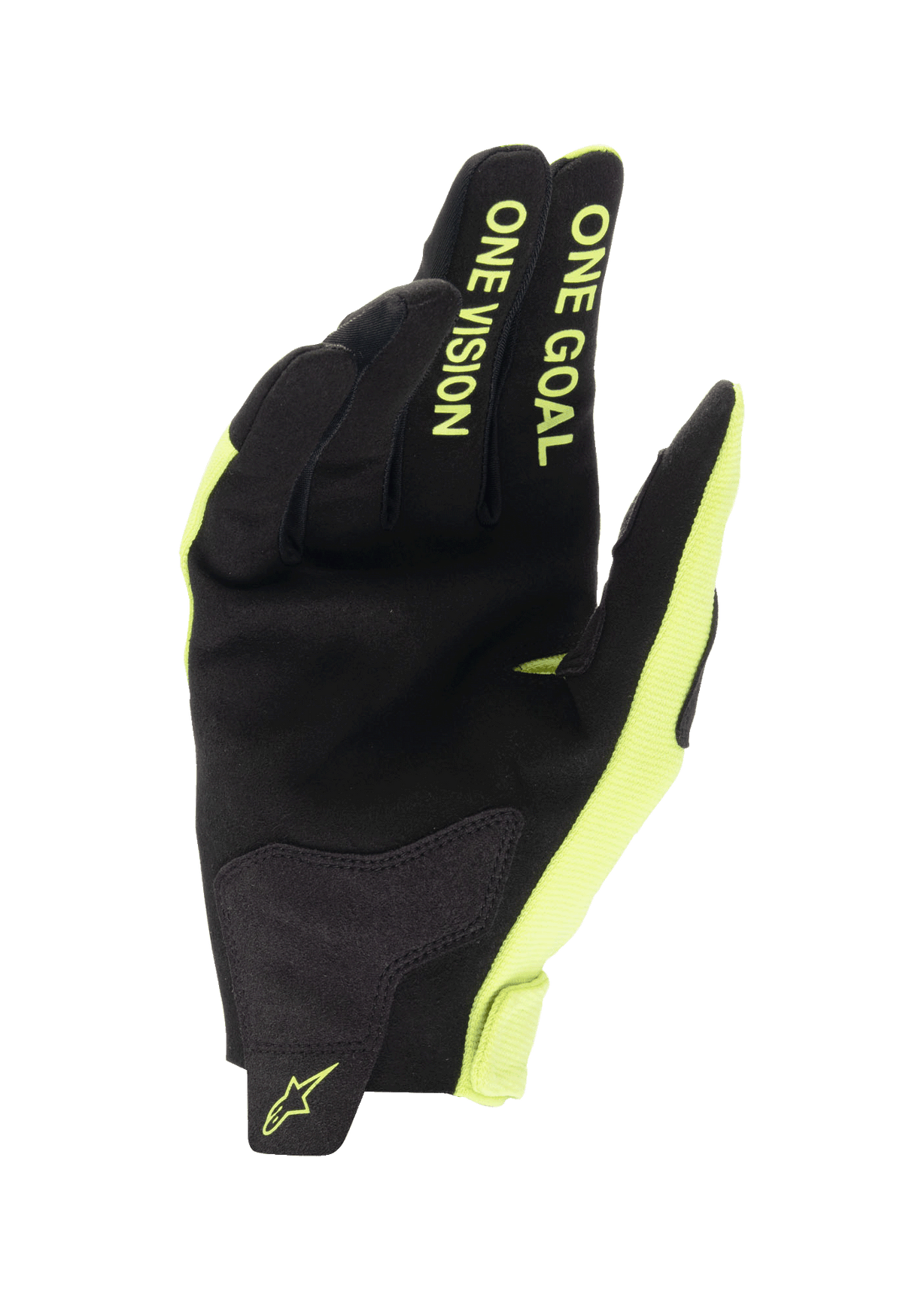 Guanti Alpinestars Youth Radar 2024, guanti da motocross, nero e giallo fluo, vista del palmo con costruzione in camoscio sintetico, scritta "ONE GOAL ONE VISION" sulle dita in giallo fluorescente, design resistente per corse off-road