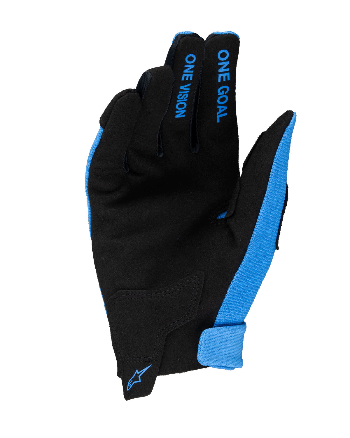 Guanti Alpinestars Youth Radar 2025, guanti da motocross, blu e nero, vista del palmo con struttura in pelle scamosciata sintetica, scritte blu "ONE GOAL" e "ONE VISION" sulle dita e piccolo logo Alpinestars blu sulla chiusura del polso