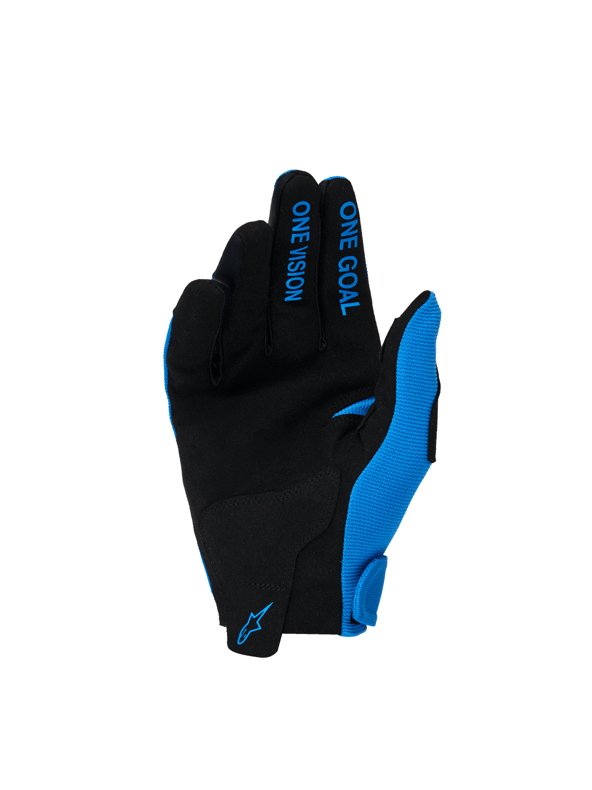 Alpinestars 2026 Youth Radar Gloves, guanti da motocross, blu UCLA e bianco, palmo in pelle scamosciata sintetica nera, scritte blu 'ONE GOAL' e 'ONE VISION' sulle dita, logo Alpinestars blu sul polso, progettati per prestazioni off-road