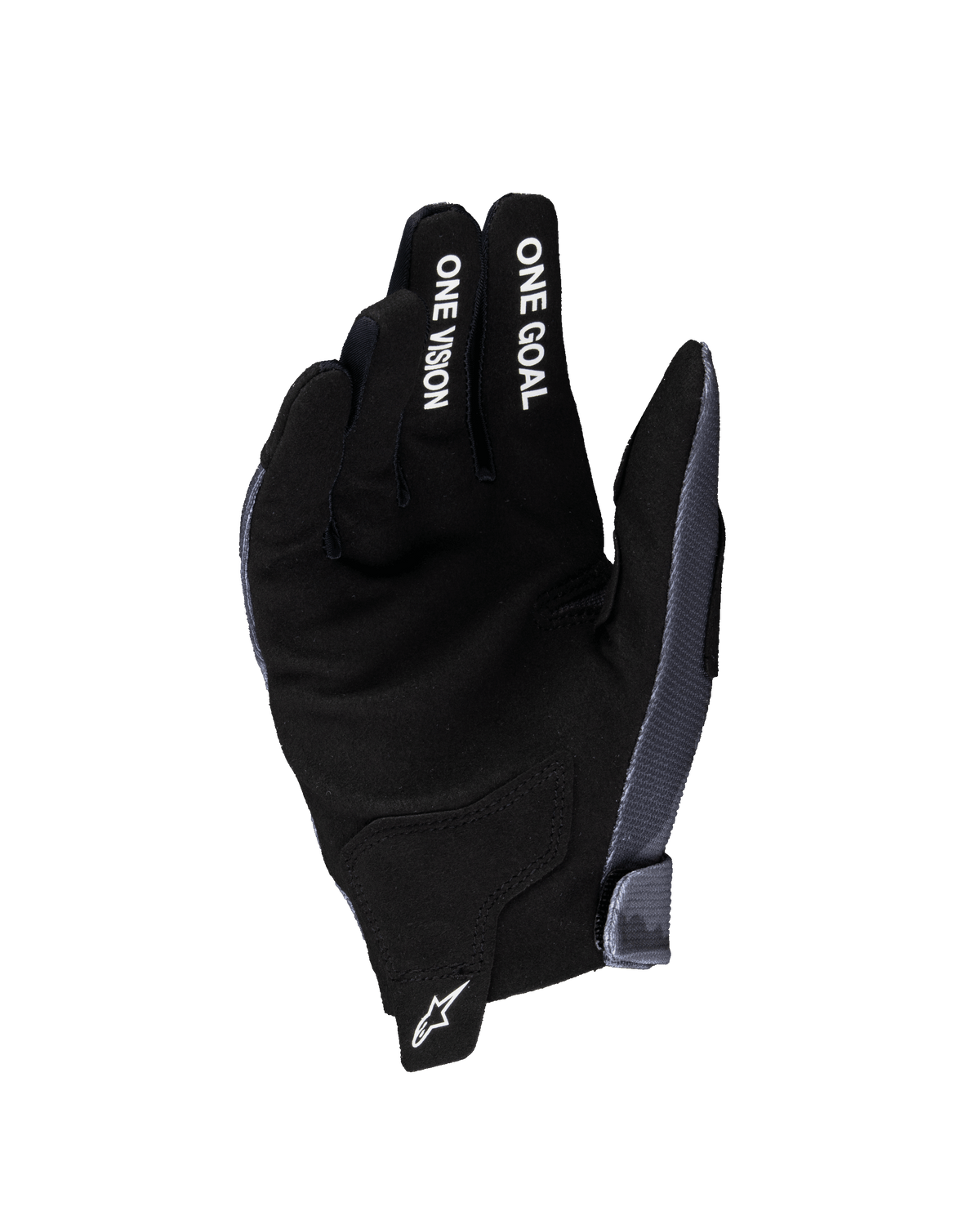 Alpinestars Guanti Radar Ragazzo 2025, guanti da motocross, grigio e nero, vista del palmo in pelle scamosciata sintetica, scritte bianche "ONE GOAL" e "ONE VISION" sulle dita, logo a stella bianco sulla linguetta del polso, specifici per il fuoristrada per ragazzi
