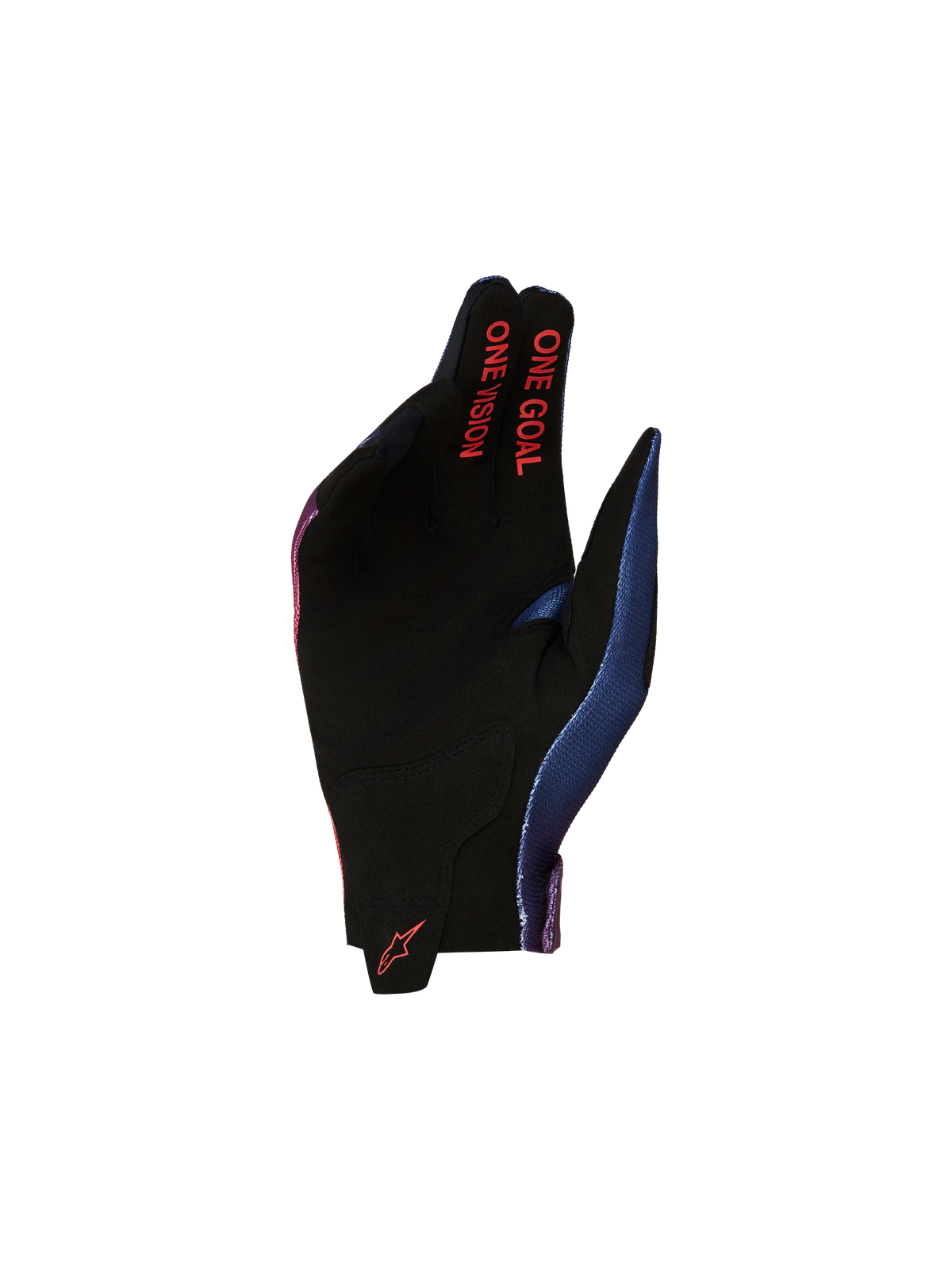 Alpinestars Guanti Radar Ragazzo, guanti da moto per motocross, nero, rosso e blu, palmo in pelle scamosciata sintetica con scritta One Goal One Vision, ideale per giovani piloti off-road.