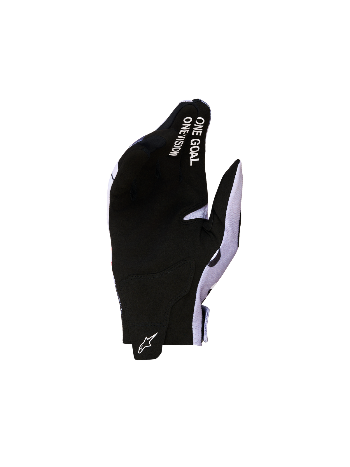 Alpinestars Guanti Radar Ragazzo, guanti da motocross, nero e grigio cenere, palmo in pelle scamosciata sintetica con scritta One Goal One Vision sulle dita.
