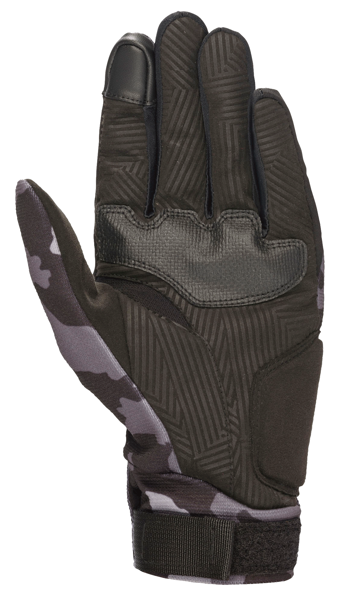 Guanti Alpinestars Youth Reef, Black Gray Camo, vista del palmo in camoscio sintetico con grip testurizzato, motivo mimetico su pollice e polso, indice compatibile con touchscreen, guanti da moto per guida urbana
