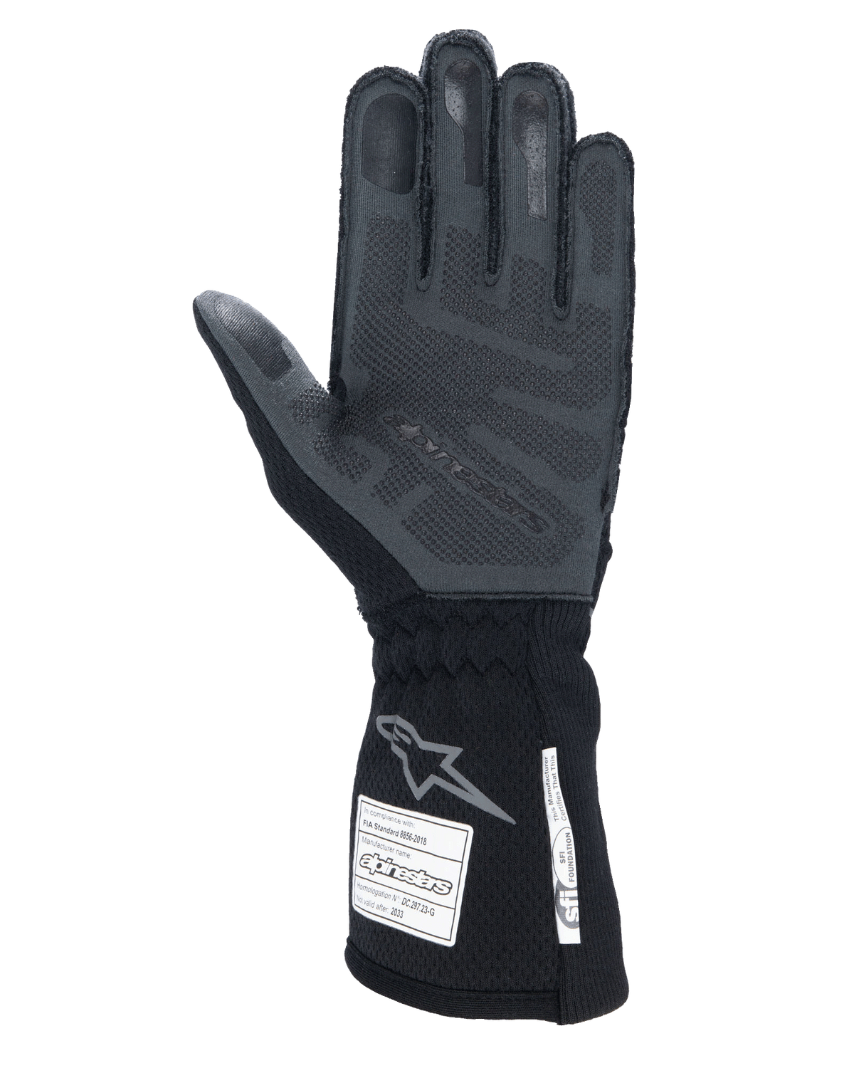 Guanti Alpinestars Tech-1 ZX V4, Nero Antracite, vista del palmo con grip in silicone 3D testurizzato, polsino lungo con etichette di certificazione FIA e SFI, guanti professionali da auto racing