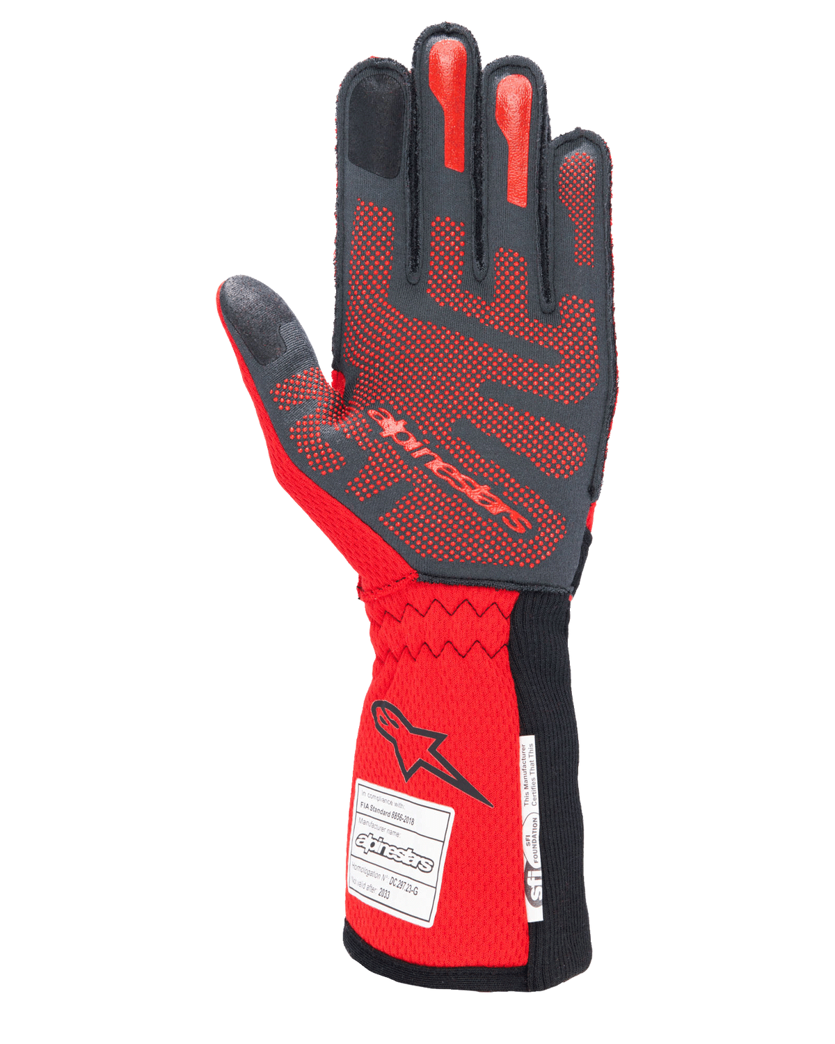 Guanti Alpinestars Tech-1 ZX V4, guanti per corse automobilistiche, nero e rosso, lato del palmo con motivo grip in silicone 3D rosso ed etichette di omologazione FIA/SFI sul polsino, progettati per il motorsport ad alte prestazioni