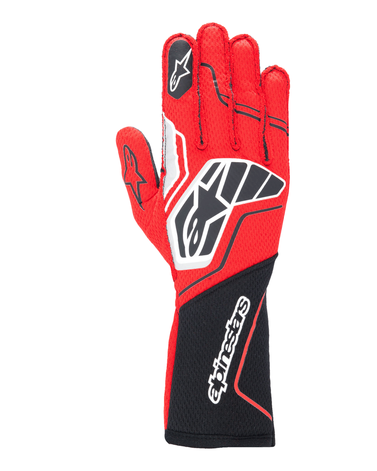 Guanti Alpinestars Tech-1 ZX V4, guanti professionali da auto racing, rosso e nero con dettagli bianchi, struttura in tessuto a nido d'ape, loghi evidenti, design ergonomico per prestazioni motorsport