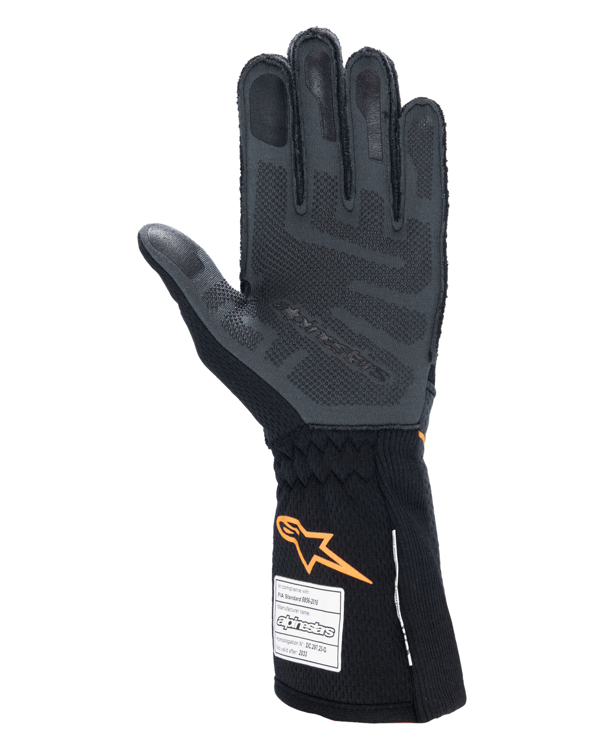 Guanti Alpinestars Tech-1 ZX V4, guanti per auto racing, nero e arancione fluo, vista del palmo che mostra il pattern di grip in silicone 3D e la trama a nido d'ape, etichette di omologazione FIA e SFI visibili sul polsino, attrezzatura professionale per motorsport