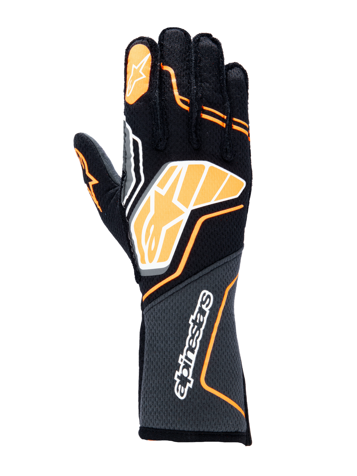 Guanti Alpinestars Tech-1 ZX V4, guanti da auto racing, nero con dettagli arancione fluo e bianchi, grande logo grafico sul dorso, tessuto con trama a nido d'ape sul polsino, design geometrico sportivo per competizioni professionistiche