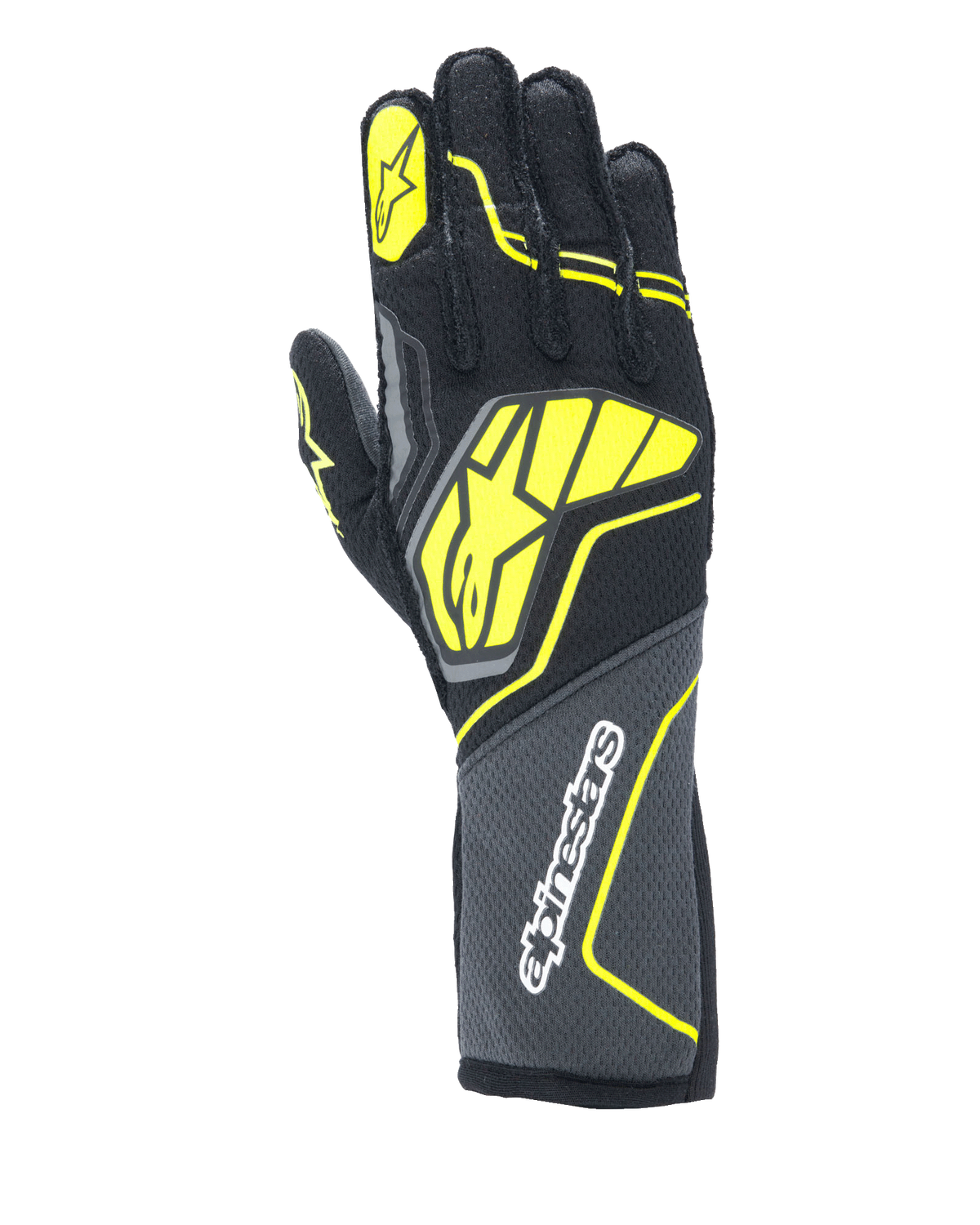 Guanti Alpinestars Tech-1 ZX V4, guanti da corsa per auto, Tar Gray, nero e giallo fluo, con un grande logo a stella giallo sul dorso e marchio bianco sul polsino, tessuto con trama a nido d'ape e accenti neon angolari, attrezzatura professionale da motorsport