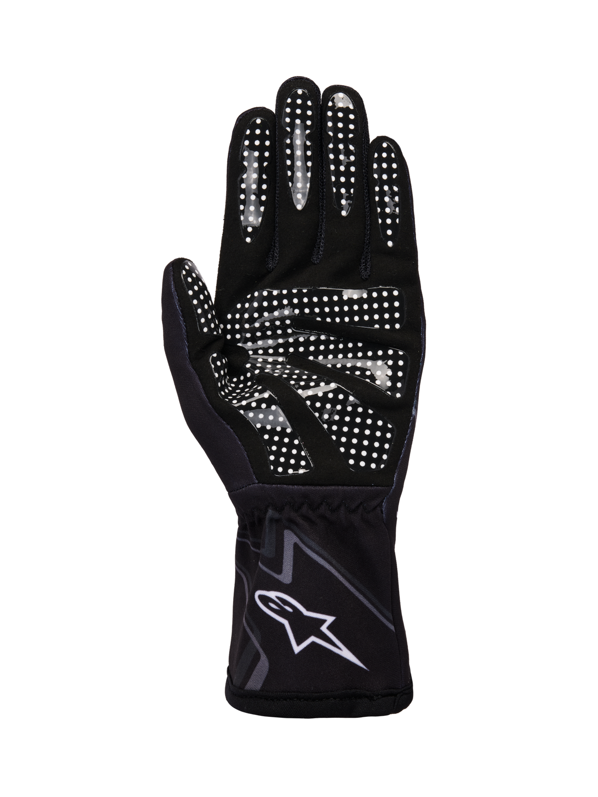 Guanti Alpinestars Tech-1 K Race V2 Graphic 1, guanti da kart, nero, grigio e bianco, vista del palmo con motivo antiscivolo in silicone bianco e logo Alpinestars sul polsino.