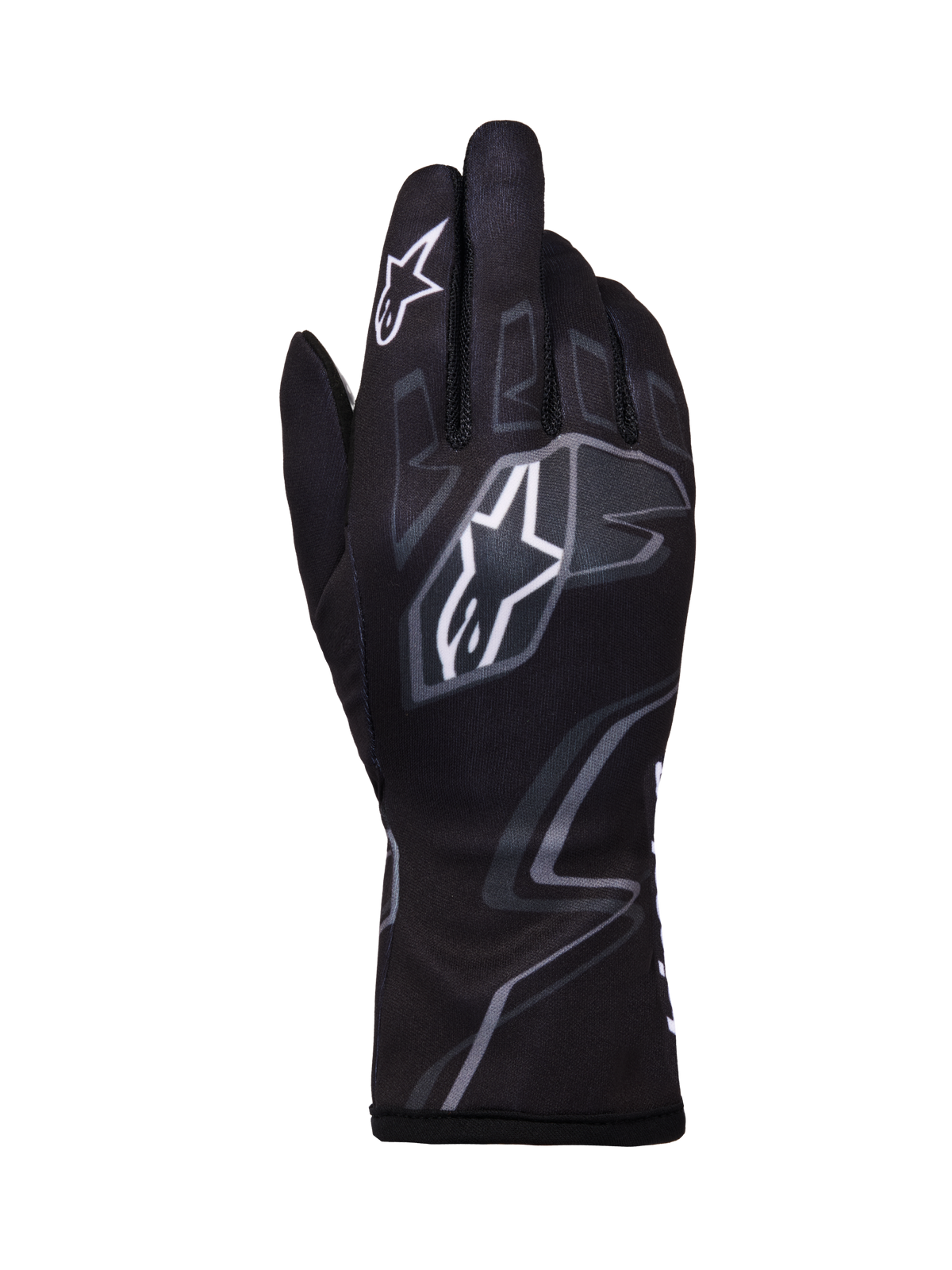 Alpinestars Tech-1 K Race V2 Gloves Graphic 1, guanti da karting, nero con pattern geometrici bianchi e grigi, logo a stella Alpinestars, costruzione in tessuto leggero con grafiche stampate