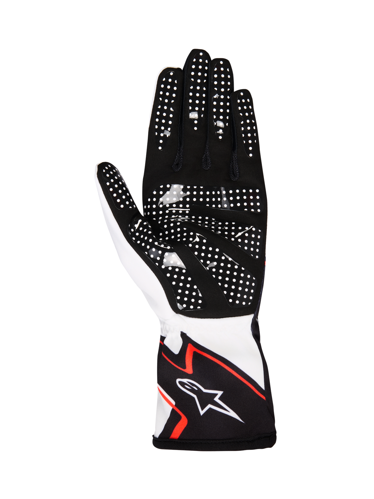 Alpinestars Tech-1 K Race V2 Gloves Graphic 1, guanti da kart, bianco nero e arancione acceso, vista del palmo con camoscio sintetico nero e puntini grip in silicone bianco, design ergonomico con logo Alpinestars sul polsino