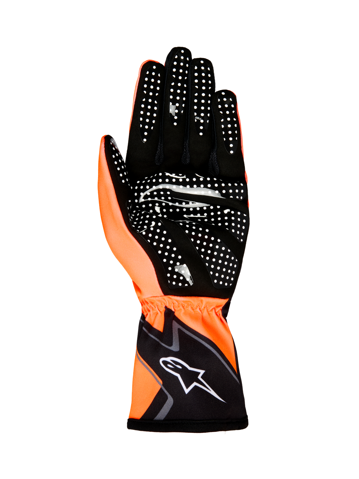 Alpinestars Tech-1 K Race V2 Gloves Graphic 1, guanti da karting, arancione fluo e nero, vista del palmo con motivo grip in silicone bianco e logo Alpinestars sul polsino