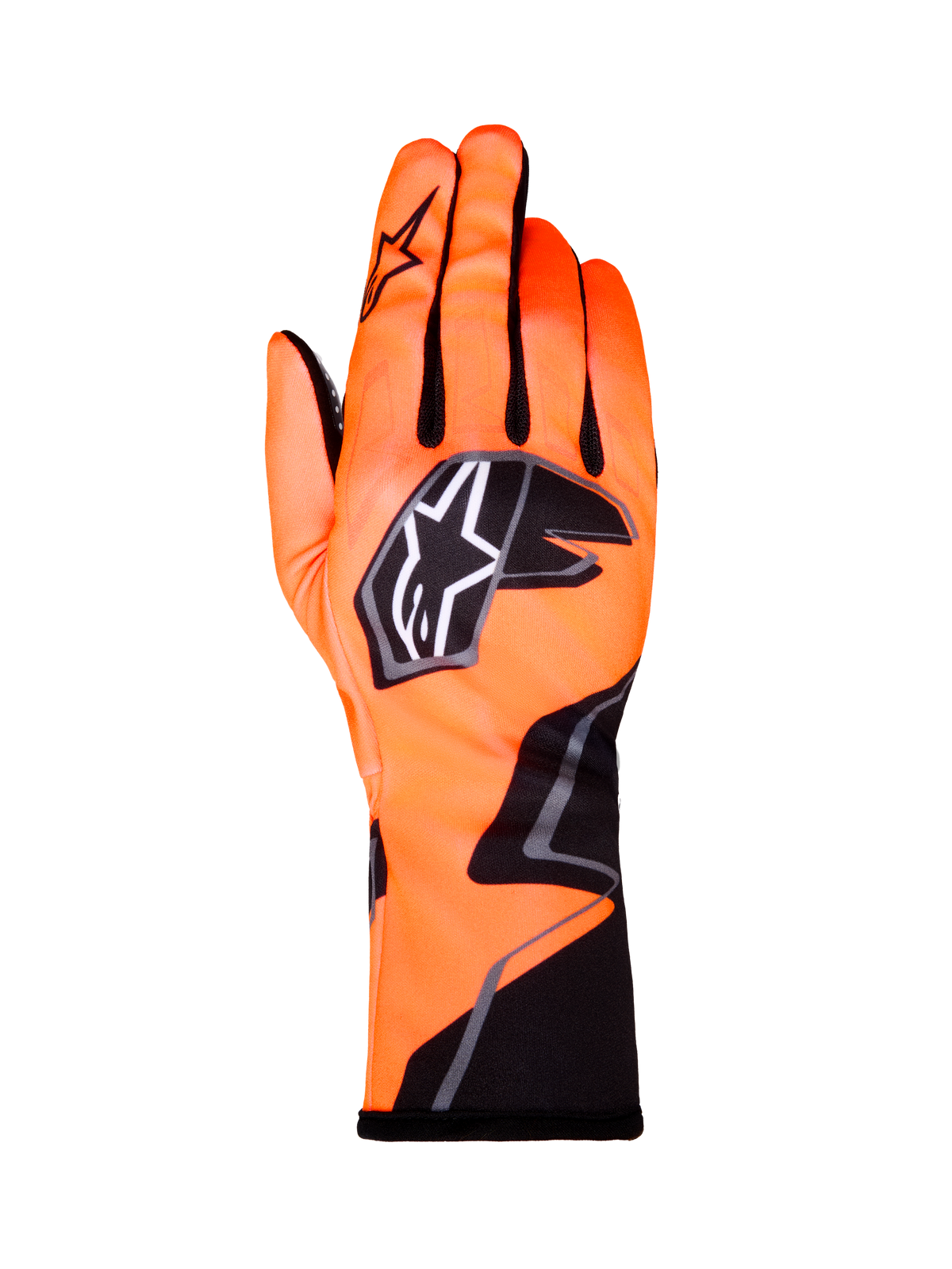 Alpinestars Tech-1 K Race V2 Gloves Graphic 1, guanti da kart, arancione fluo con dettagli neri e bianchi, vista del dorso del guanto sinistro, logo a stella, design in tessuto aderente con grafiche angolari