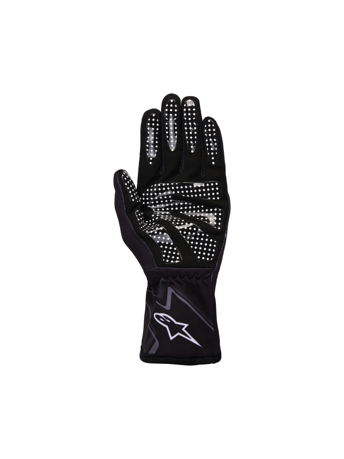 Guanti Alpinestars Youth Tech-1 K Race S V2 Graphic 1, nero, grigio e bianco, vista del palmo con motivo grip in silicone bianco su dita e palmo, costruzione in pelle scamosciata sintetica, logo A-star bianco sul polsino elasticizzato