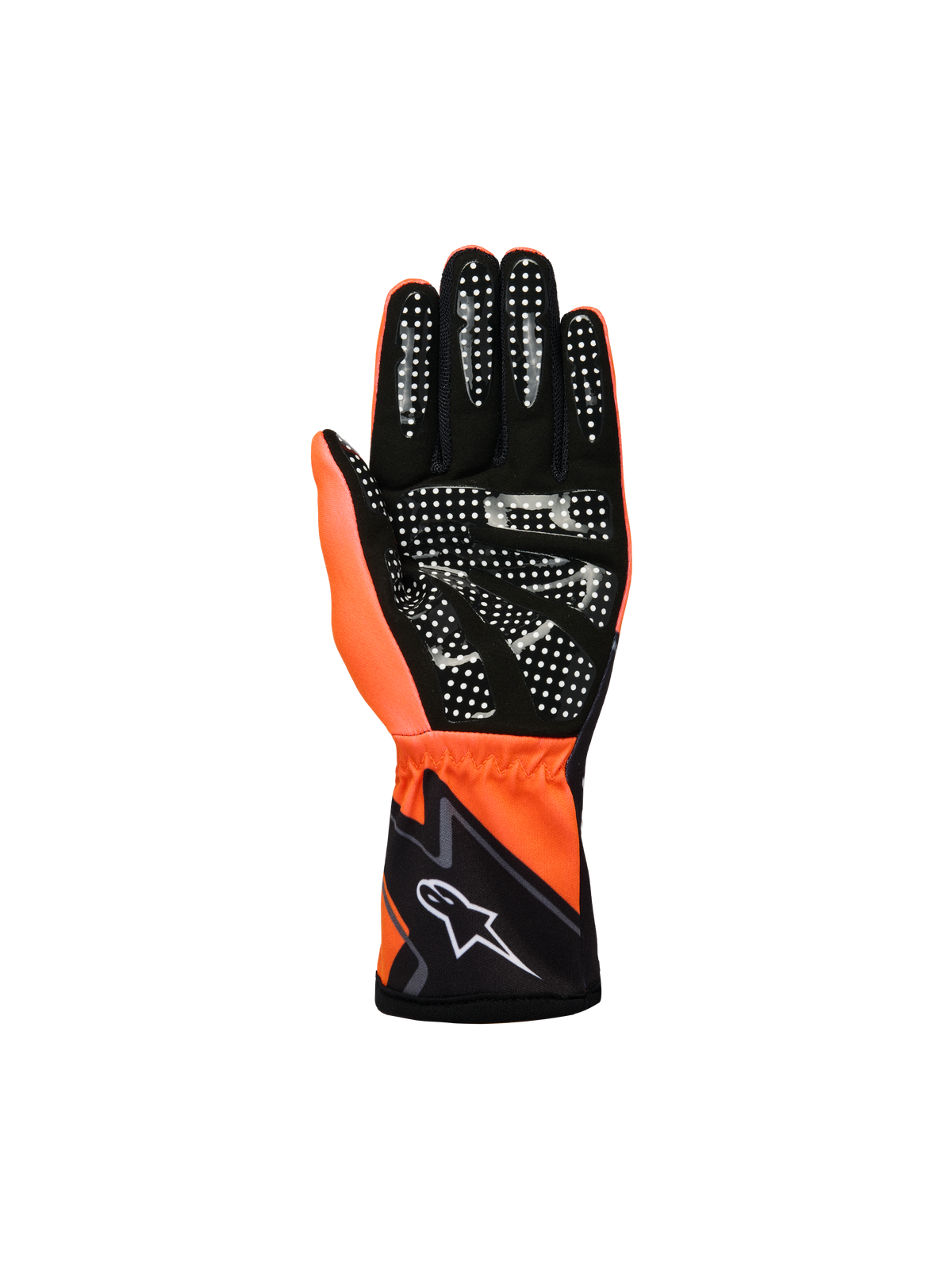 Guanti Alpinestars Youth Tech-1 K Race S V2 Graphic 1, guanti da karting, arancione fluo, nero e bianco, vista del palmo con camoscio sintetico nero e motivo grip in silicone bianco, pollice arancione fluo e polsino nero con logo Alpinestars bianco