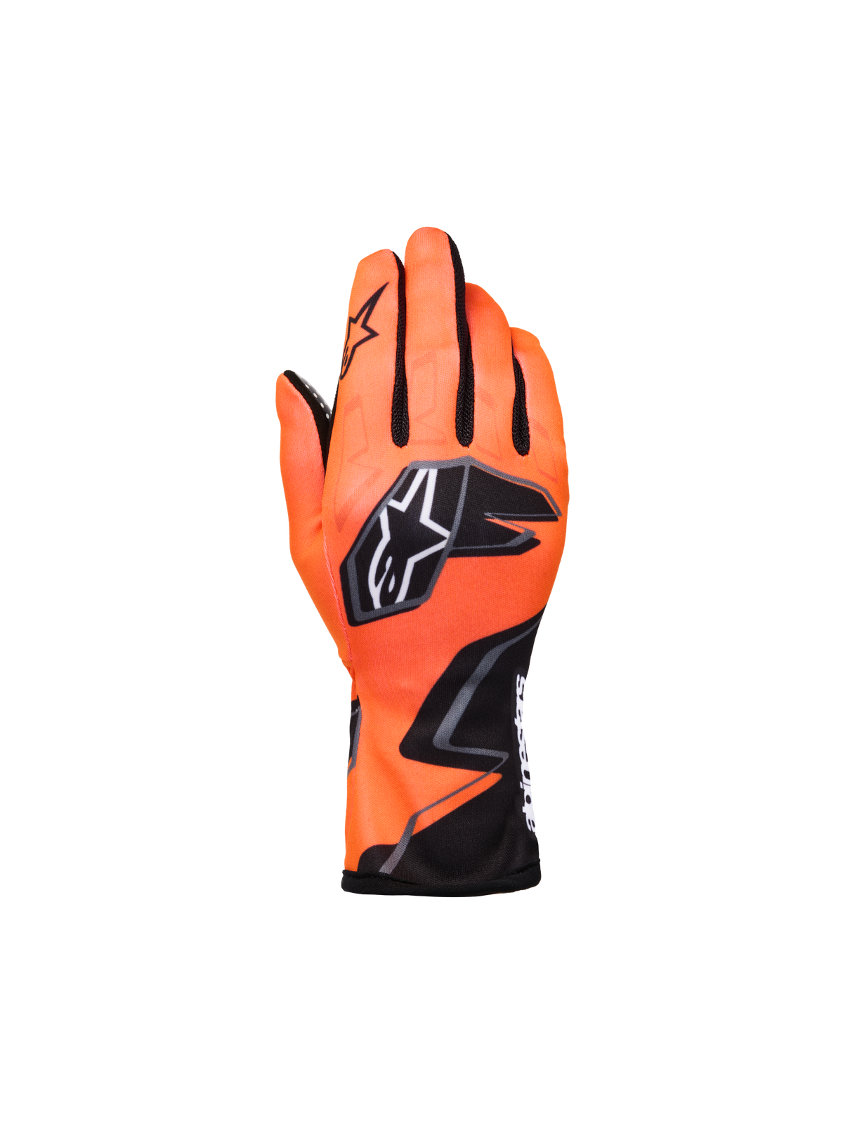Alpinestars Youth Tech-1 K Race S V2 Graphic 1, guanti da karting, arancione fluo e nero, con un vistoso logo a stella e grafiche aggressive, vista del dorso con inserti in mesh nero tra le dita, costruzione in tessuto leggero per ragazzi