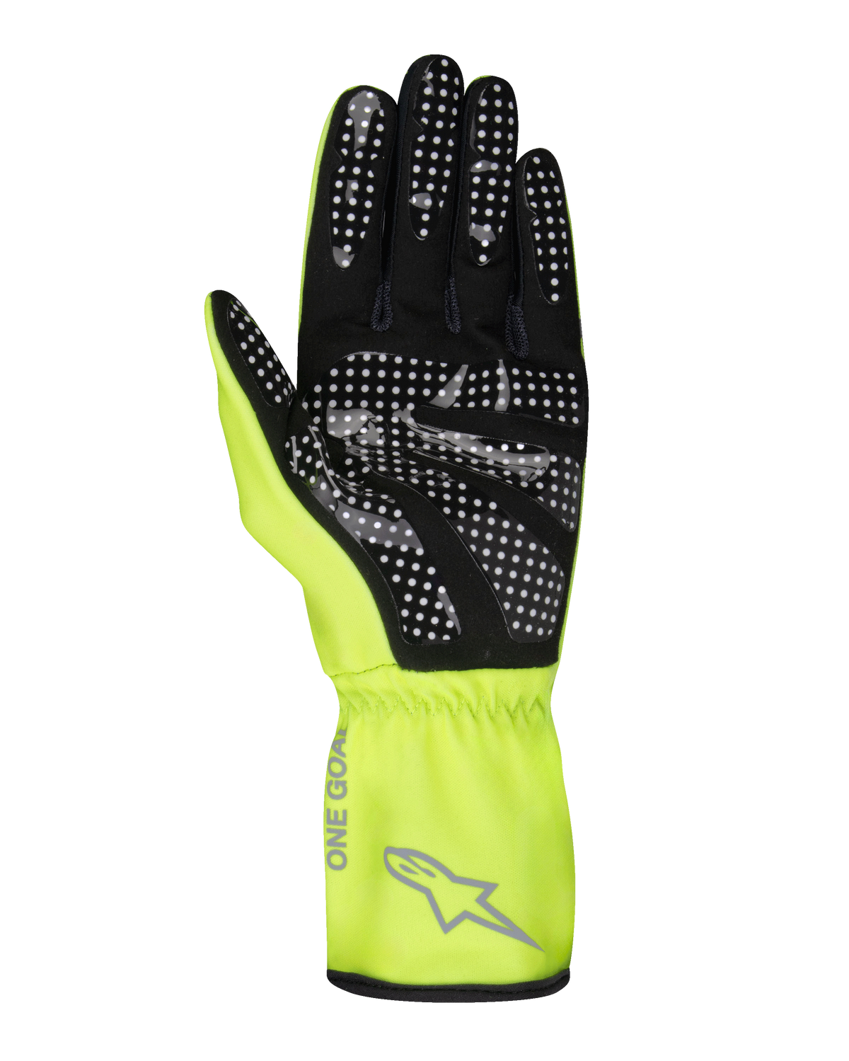 Guanti Alpinestars Youth Tech-1 K Race S V2 Pure, guanti da kart, giallo fluo e nero, vista del palmo con motivo a puntini in silicone per il grip, materiale scamosciato sintetico, polsino lungo giallo brillante con logo Alpinestars grigio e polso elasticizzato