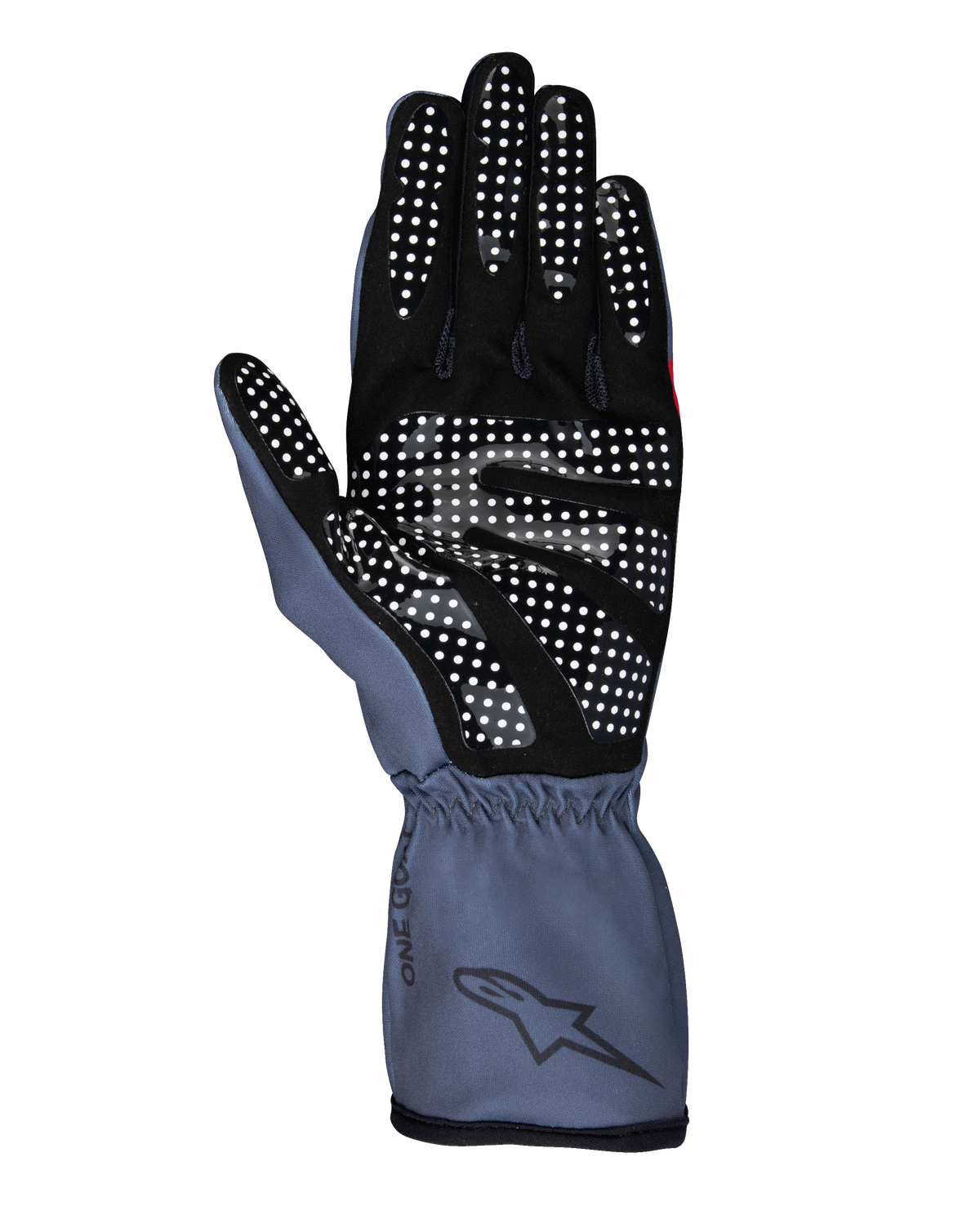 Guanti Alpinestars Tech-1 K Race V2 Pure, guanti da karting, colore asfalto e nero, vista del lato palmo con motivo grip in silicone bianco, design ergonomico con polsino lungo e logo Alpinestars