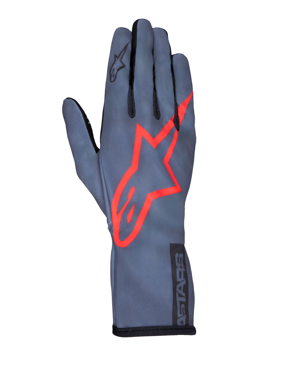 Alpinestars Tech-1 K Race V2 Pure, guanti da karting, grigio asfalto e rosso, con un grande logo a stella rosso sul dorso, struttura leggera in mesh, polsino a guanto, design aerodinamico per il karting