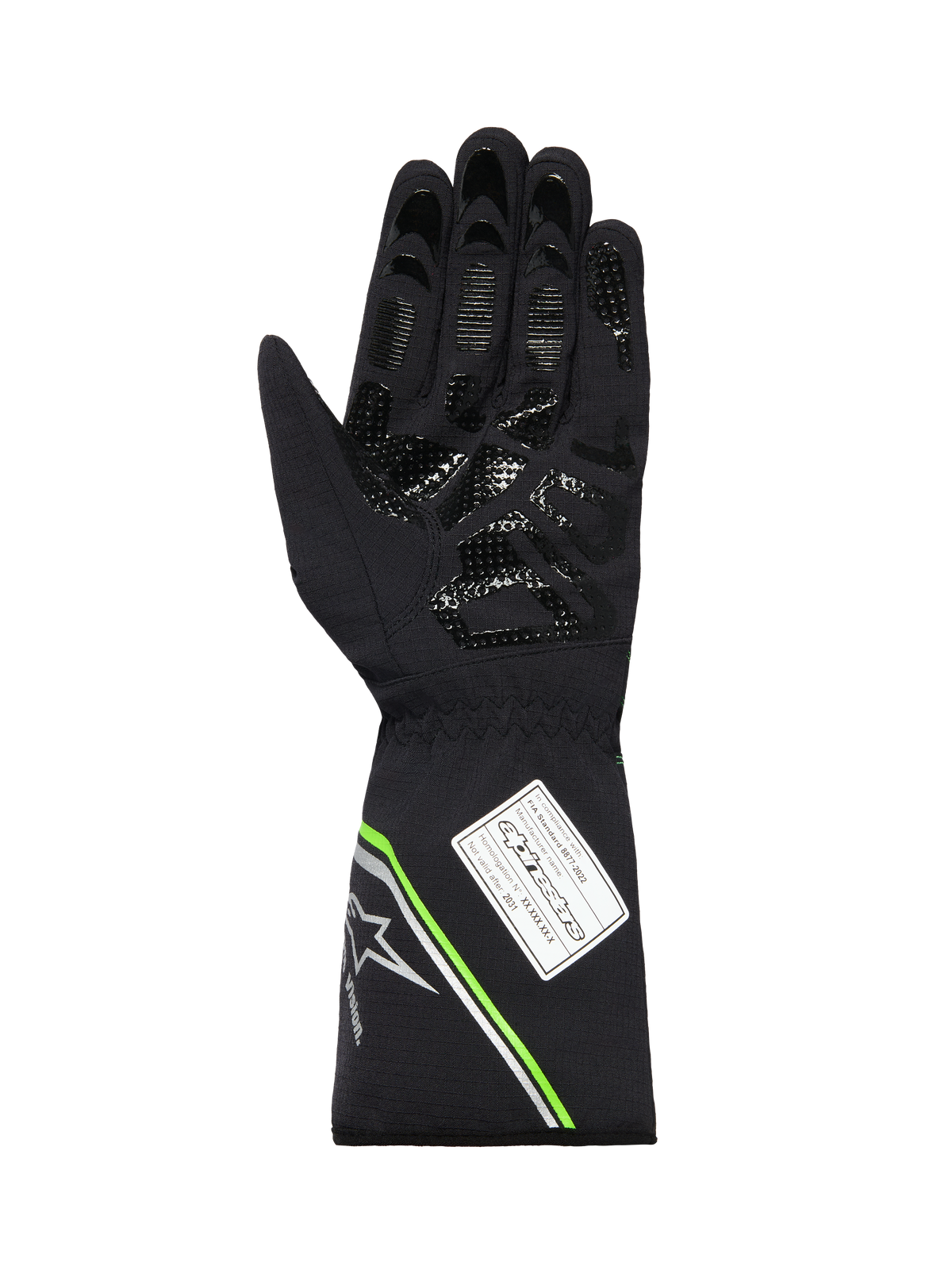 Alpinestars Tempest V3 Waterproof Gloves, vista del palmo di un guanto da kart nero, con motivo grip in silicone stampato, accenti verde fluo e argento sul polsino e etichetta di omologazione FIA 8877-2022