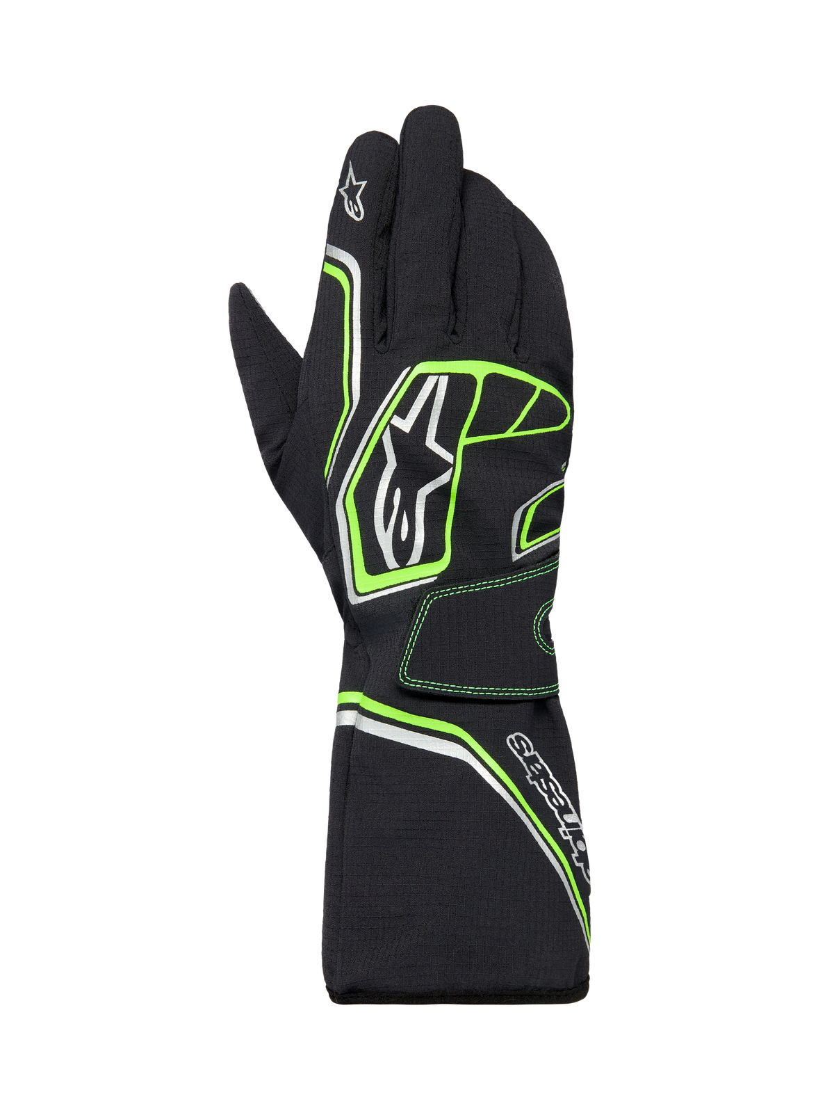 Alpinestars Tempest V3 Waterproof Gloves, guanti da karting, nero con accenti verde fluo e argento, design con polsino lungo, con logo Alpinestars, robusta costruzione in tessuto per gare in condizioni di bagnato