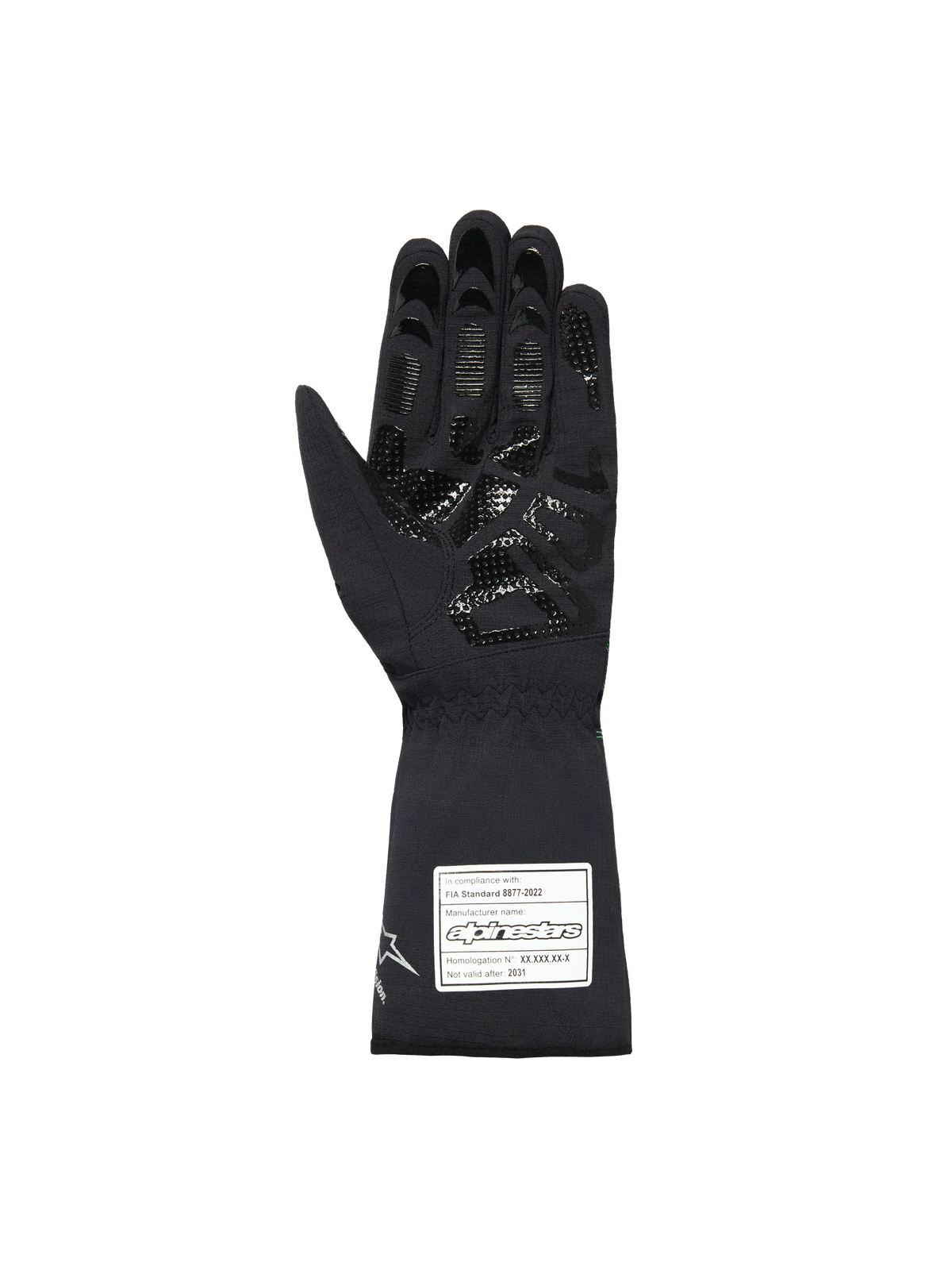 Alpinestars Youth Tempest V3 Waterproof S Gloves, guanti da karting neri, vista del palmo con motivo grip in silicone testurizzato su dita e palmo, polsino lungo con etichetta di certificazione FIA 8877-2022 bianca, design in tessuto impermeabile.