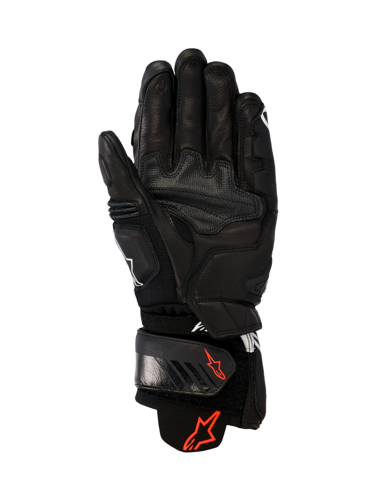 Guanti in pelle Alpinestars GP Plus R V3, nero, vista del palmo che mostra la costruzione in pelle resistente, loghi Astars rossi sul cinturino e sul polsino, pannelli di presa rinforzati e chiusura regolabile per prestazioni racing e sportive.