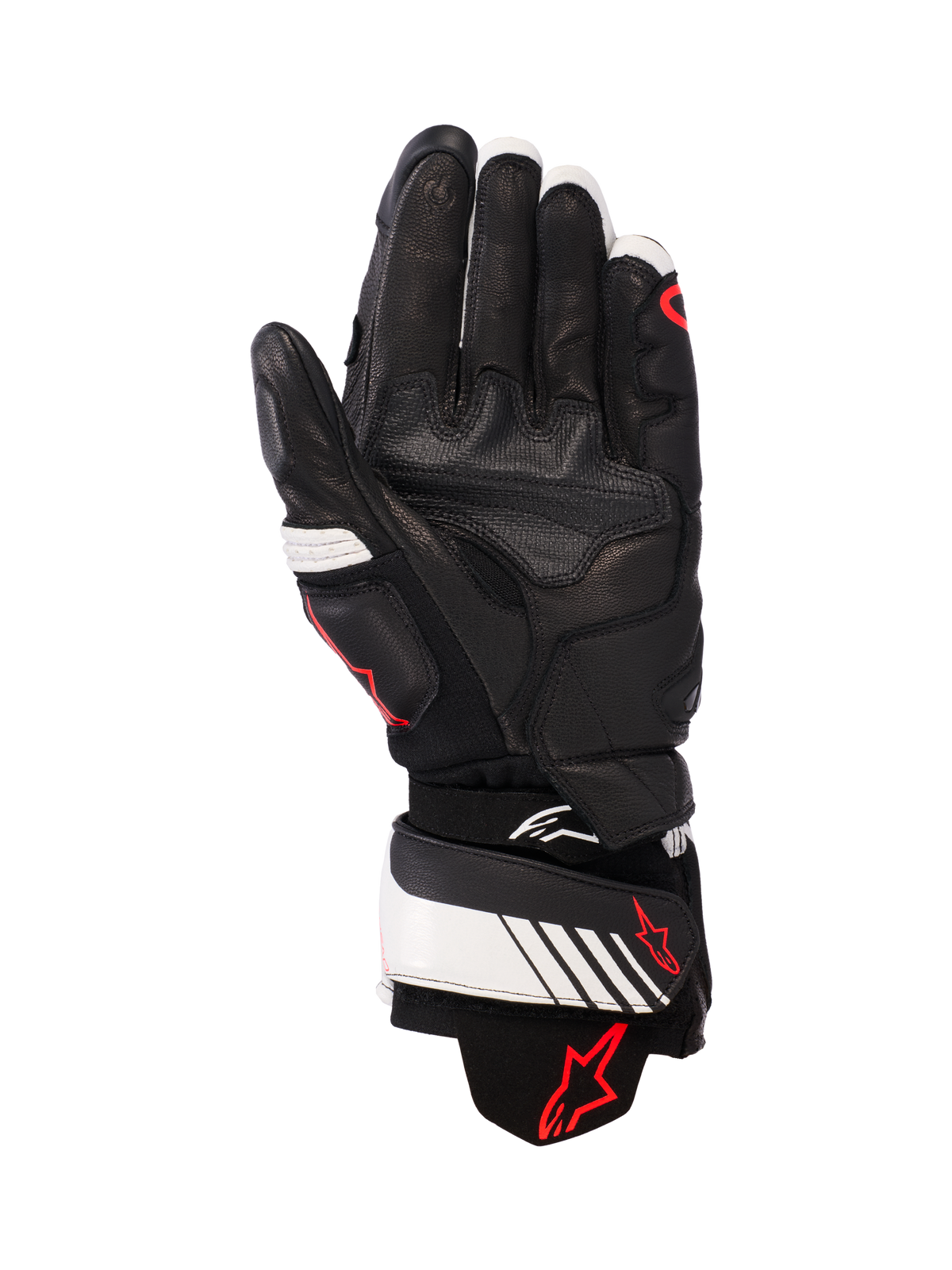 Guanti in pelle Alpinestars GP Plus R v3, nero, bianco e rosso fluo, vista del palmo che mostra la struttura interamente in pelle con imbottitura rinforzata, cinturino bianco sul polso con logo Alpinestars rosso, equipaggiamento protettivo di ispirazione racing per motociclisti