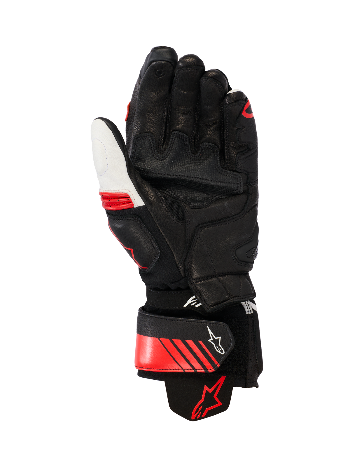 Guanti in pelle Alpinestars GP Plus R V3, guanti da moto racing/sportivi, nero, bianco e rosso brillante, vista del palmo che mostra la costruzione in pelle rinforzata, slider sul palmo e polsino elasticizzato in aramide, dotati di cinturino di sicurezza sul polso con logo Alpinestars e design ergonomico pre-curvato