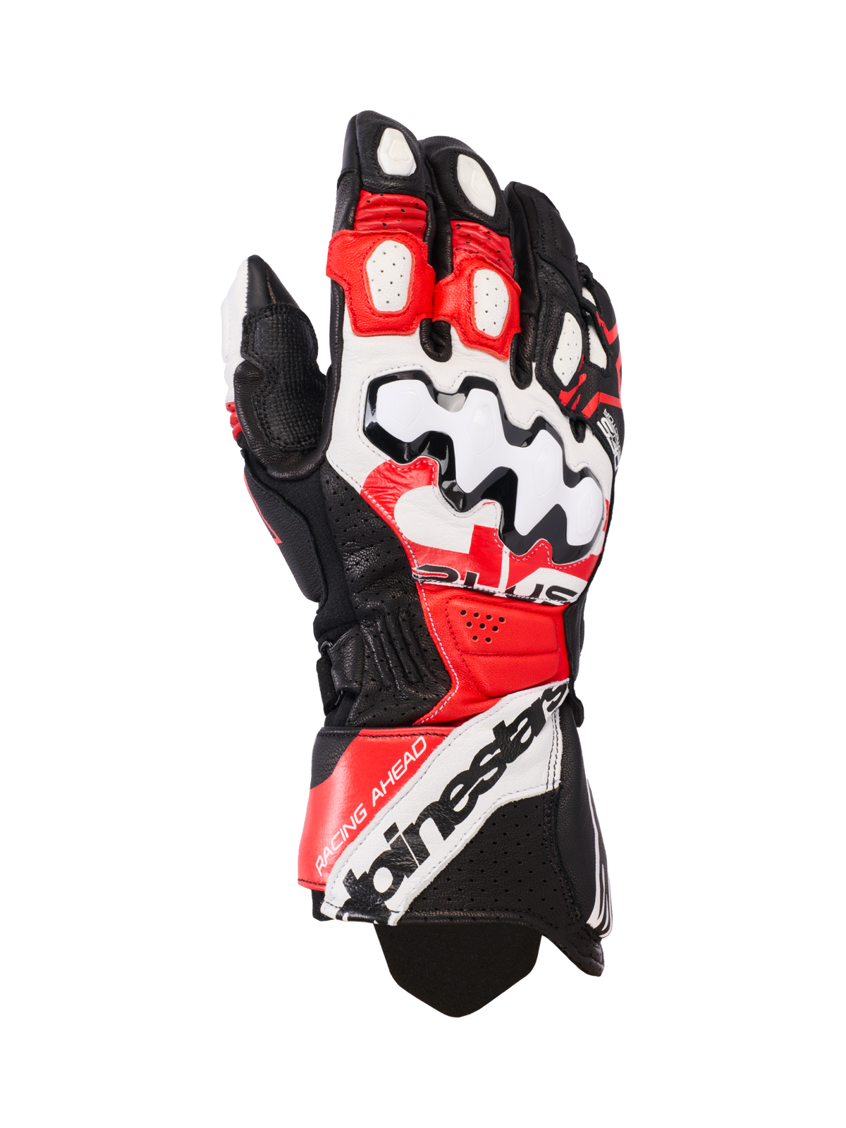 Alpinestars GP Plus R V3 Leather Gloves, guanti da moto racing, nero, bianco e rosso acceso, ampia protezione nocche bianca con motivi a onde neri, pannelli in pelle traforata per la ventilazione, marchio Alpinestars sul polsino
