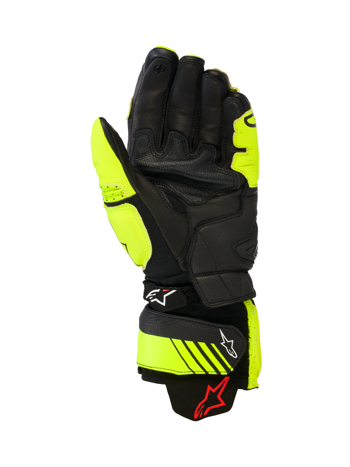 Guanti in pelle Alpinestars GP Plus R V3, guanti da moto racing e sportivi, giallo fluo e nero, vista del palmo che mostra la struttura in pelle, aree di grip rinforzate e cinturini regolabili sul polsino con marchio Alpinestars, equipaggiamento da pista ad alte prestazioni
