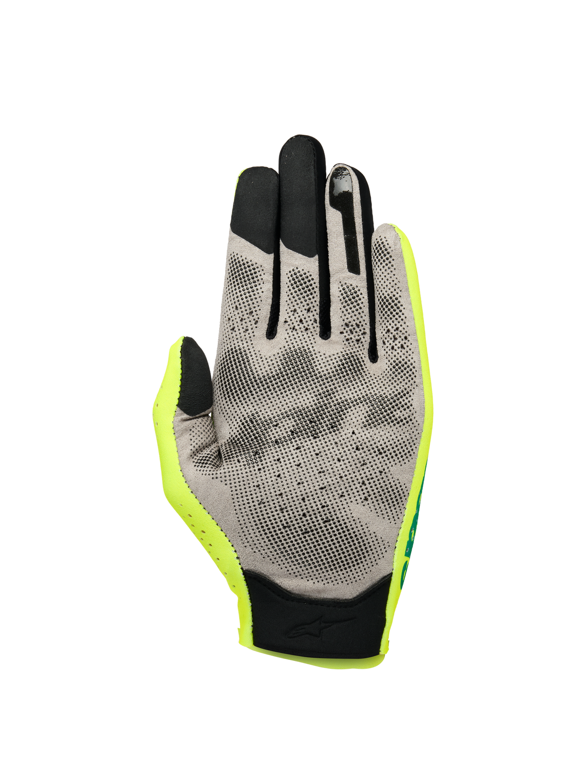 Alpinestars Sim Gloves Graphic 1, guanti da SIM racing, giallo fluo, nero e turchese, vista del palmo con materiale Nanofront® grigio e motivo grip 3D nero, punte delle dita compatibili con touchscreen, costruzione in tessuto leggero