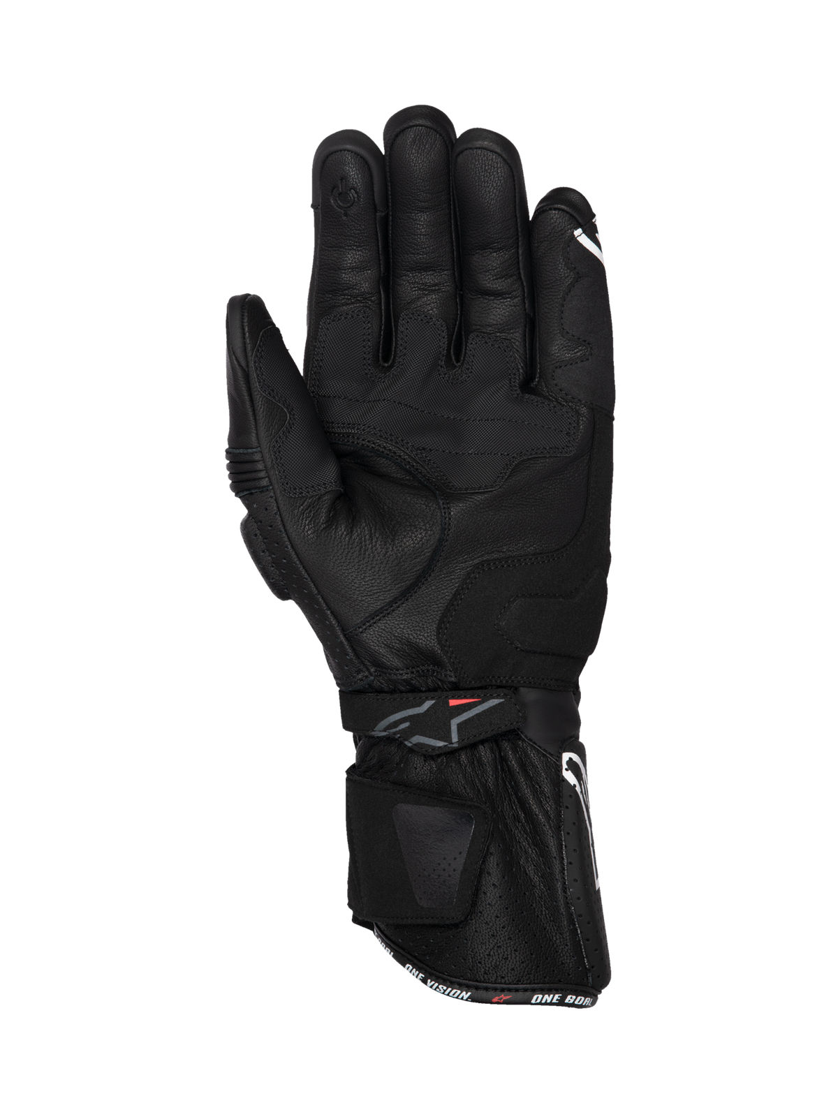 Alpinestars Guanti SP-3, guanti da moto racing da uomo, nero, in pelle con polsino lungo, vista del palmo con rinforzi imbottiti e inserti grip per guida su strada.