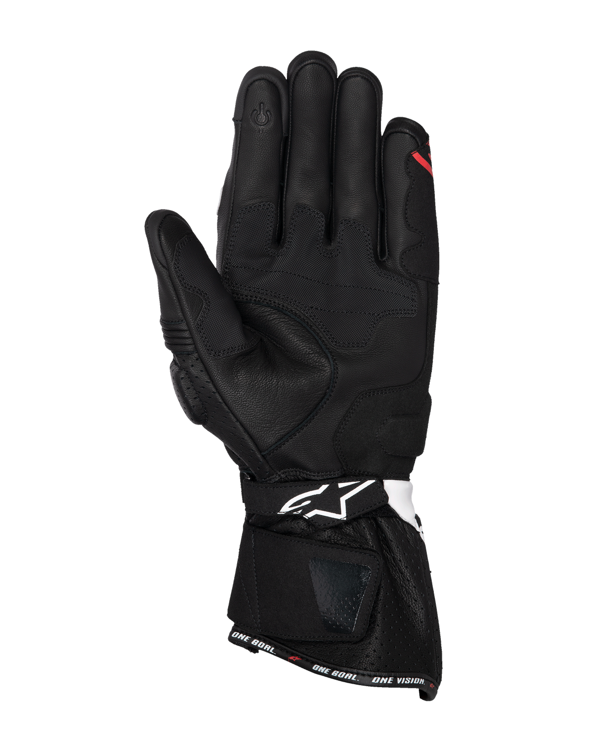 Guanti Alpinestars SP-3, guanti da moto in pelle nera, vista del palmo con pannelli di rinforzo per la presa, indice compatibile con touchscreen, polsino lungo con logo bianco sul cinturino e scritta 'ONE GOAL. ONE VISION.' sull'orlo.