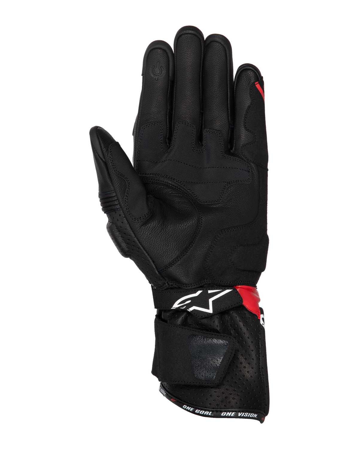 Guanti Alpinestars SP-3, guanti da moto, nero, rosso acceso e bianco, vista del palmo che mostra la struttura in pelle con rinforzi grip, punta del dito compatibile con touchscreen, polsino lungo con logo bianco e accenti rossi, design sportivo e racing.