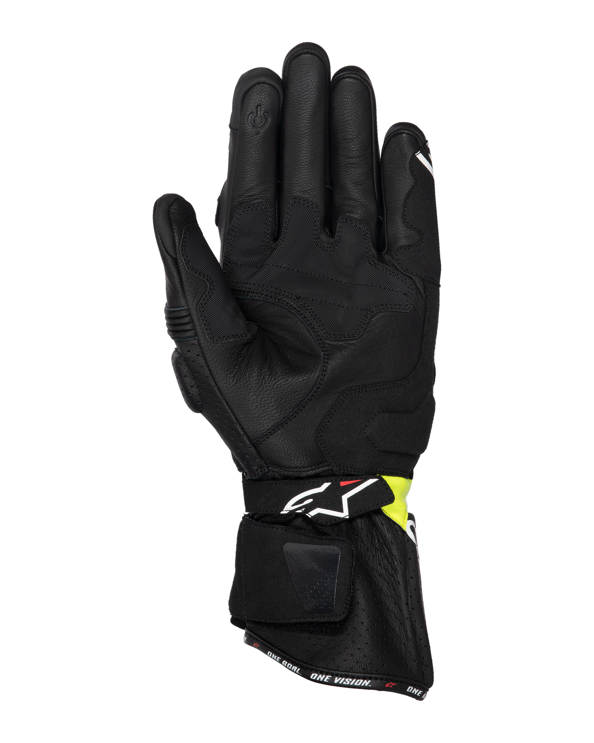 Guanti Alpinestars SP-3, guanti da moto stradali, nero e giallo fluo, vista del lato palmo che mostra la costruzione in pelle di capra, rinforzi imbottiti sul palmo, polsino lungo con cinturino regolabile e indice compatibile con touchscreen