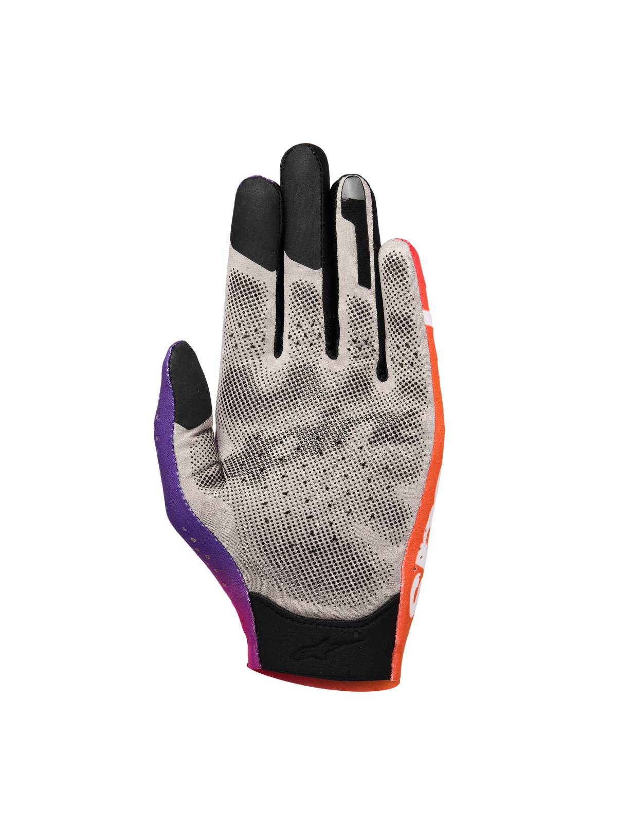 Alpinestars Sim Gloves Graphic 2, guanti da sim racing, arancione, viola neon e bianco, vista del palmo in tessuto grigio con puntini di grip neri stampati in 3D, punte delle dita compatibili con touchscreen e polsino corto per precisione nel racing virtuale