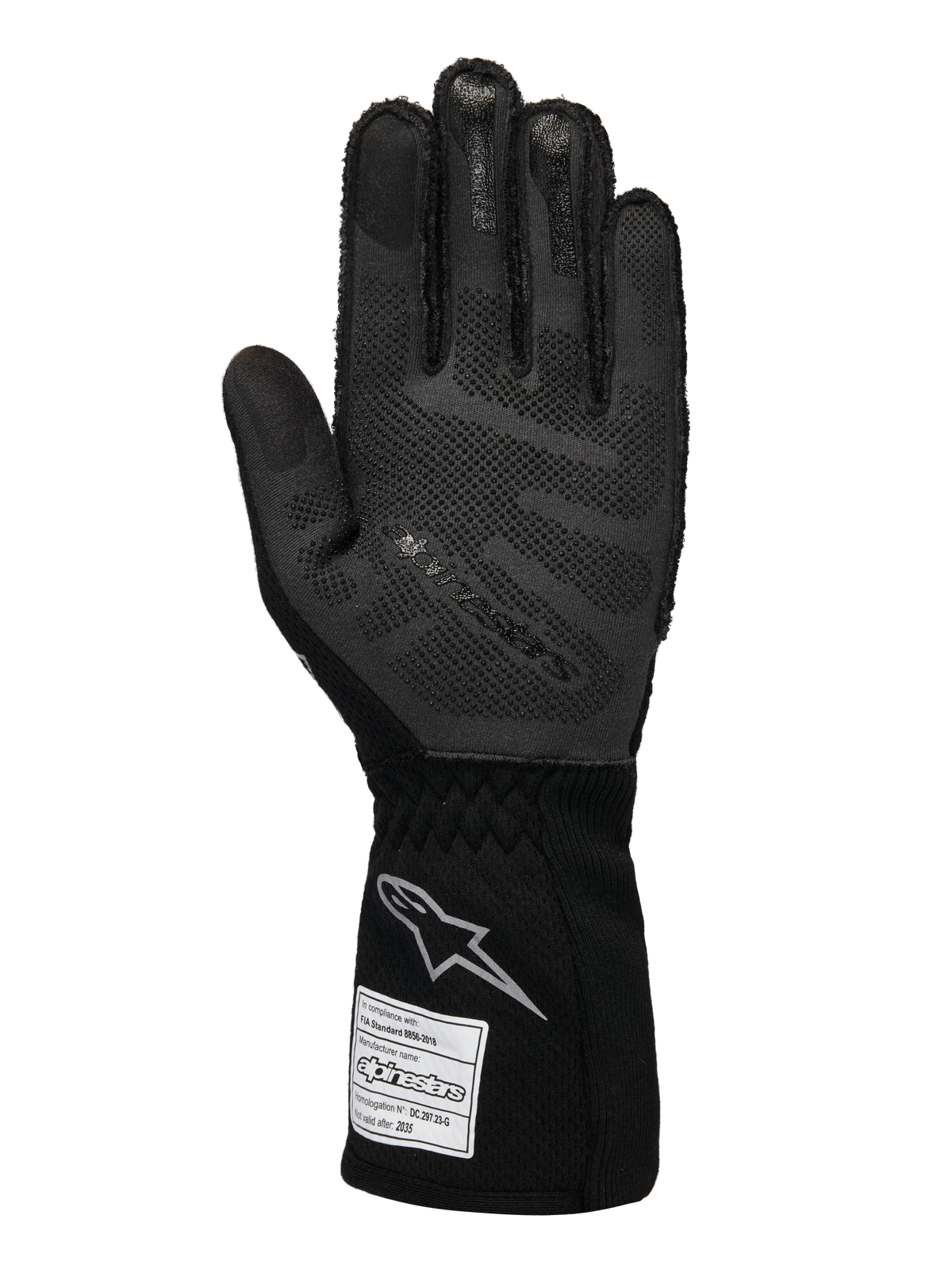 Guanti Alpinestars Limited Edition Lamborghini Tech-1 ZX V4, guanti da corsa auto, nero e grigio scuro, vista del palmo con tecnologia grip in silicone 3D, logo argento sul polsino, etichetta di omologazione FIA, attrezzatura professionale da motorsport