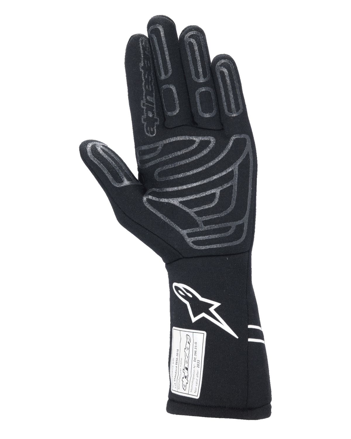 Guanti Alpinestars Tech-1 Start V4 FIA, guanto da auto racing nero, vista del palmo con motivi in silicone grigio su dita e palmo, logo Astars bianco sul polsino allungato, etichetta di certificazione FIA, attrezzatura professionale per motorsport