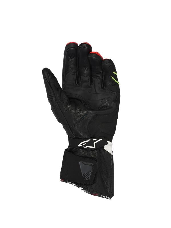 Guanti Alpinestars FQ20 SP-3 Monster, vista del palmo, costruzione in pelle di capra nera con imbottiture rinforzate sul palmo, polsino lungo con scritta 'ONE GOAL. ONE VISION.', doppio sistema di chiusura con logo Alpinestars sul cinturino del polso, abbigliamento da moto racing e sportivo
