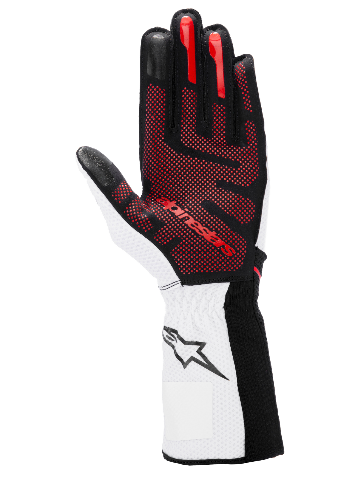 Guanti Alpinestars Tech-1 KX V4, guanti da karting, nero, bianco e rosso, vista del palmo con motivo grip in silicone 3D rosso, polsino bianco con logo a stella nero, design da motorsport ad alte prestazioni
