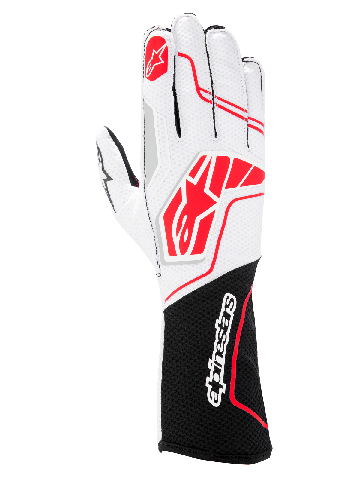 Guanti Alpinestars Tech-1 KX V4, guanti da karting, nero bianco rosso, con parte superiore in mesh bianco traspirante, loghi Alpinestars rossi e polsino nero con logo testuale bianco.