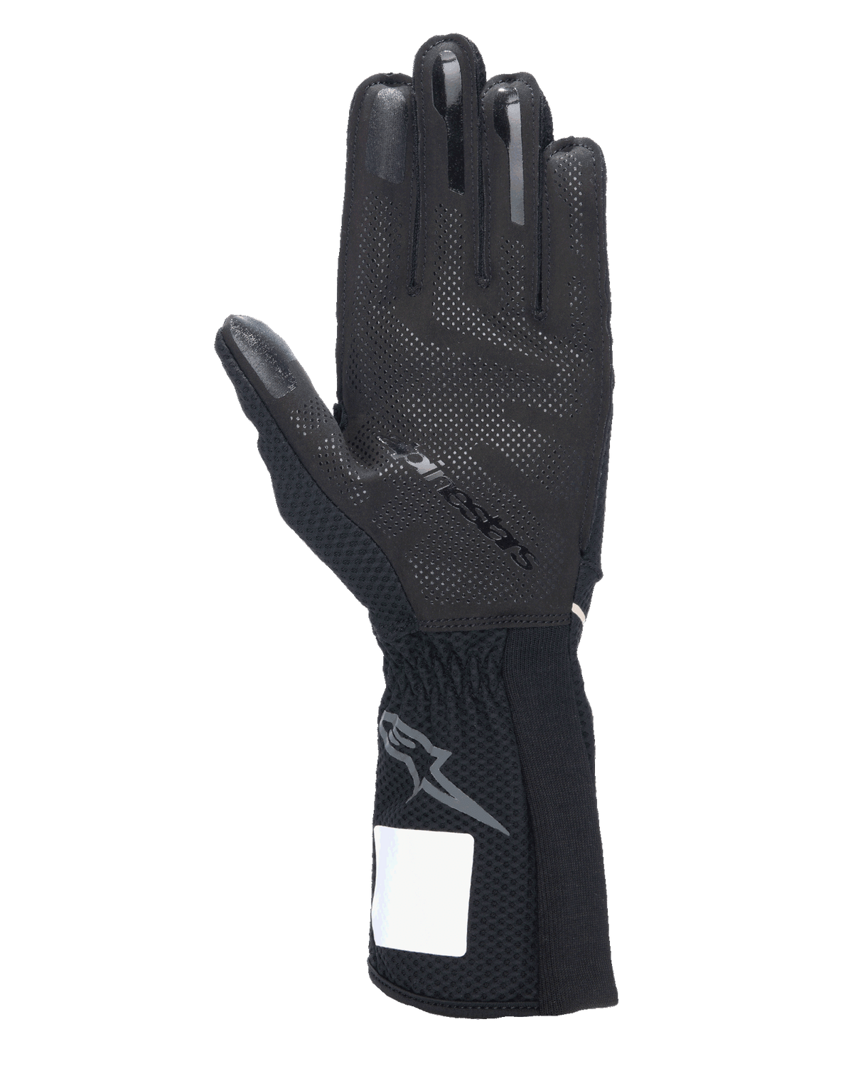 Guanti Alpinestars Tech-1 KX V4, guanti da karting, nero, vista del palmo con motivo grip in silicone 3D, cuciture esterne e polsino a coste con logo Astars grigio, attrezzatura professionale per motorsport