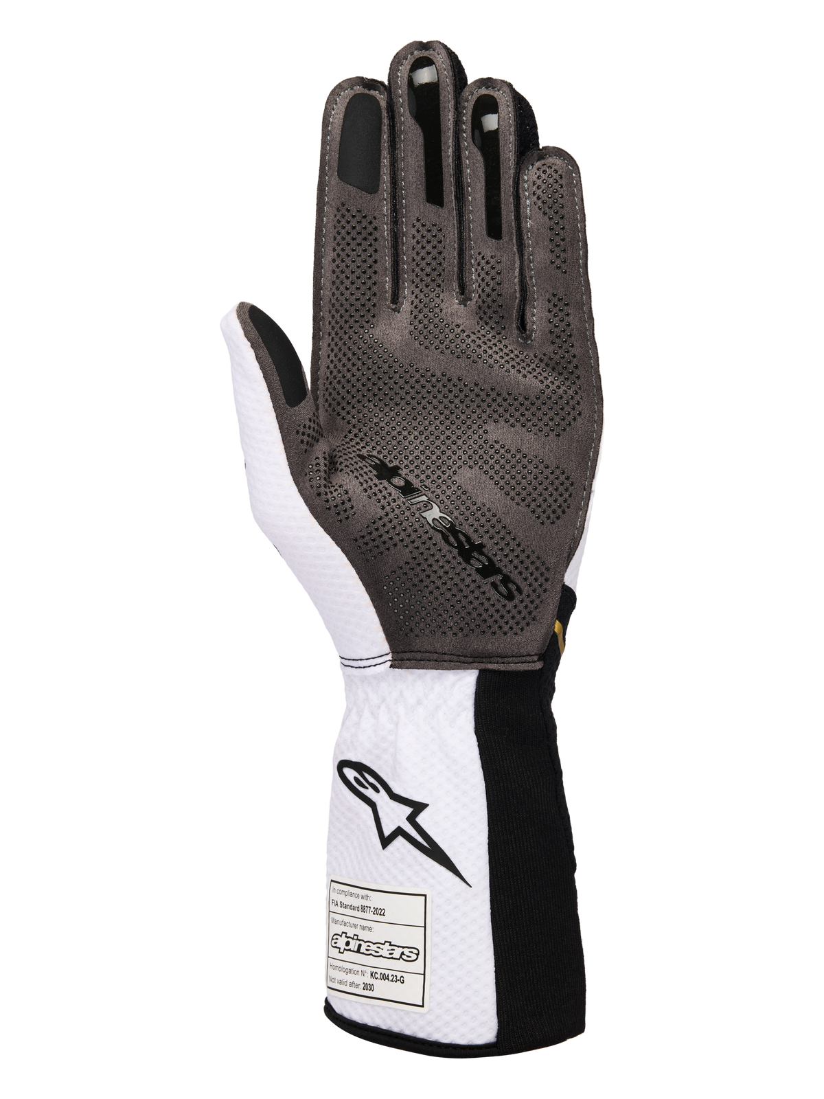 Guanti Alpinestars Tech-1 KX V4, guanti da kart, bianco, nero e oro, vista del palmo che mostra il pattern di grip in silicone 3D, costruzione in mesh bianco traspirante ed etichetta di certificazione FIA 8877-2022 sul polsino.